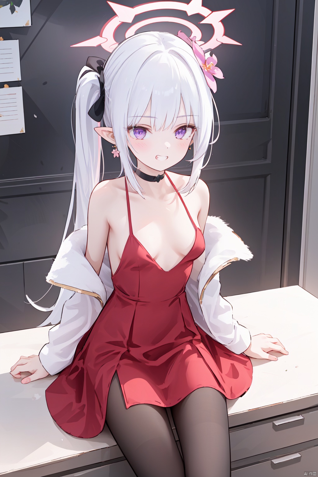  1girl,(masterpiece:1.3),( beautiful:1.2),(high quality:1.2),(finely detailed:1.2),extremely detailed CG unity 8k wallpaper,best quality,a very delicate and beautiful,perfect fingers,(one cute girl at the center:1.2),
mustukiBA,long hair,hair ornament, purple eyes,white hair,white hair,halo,mutsuki \(blue archive\),bangs,pointyears,
 dress, bow, bare shoulders, jewelry, flower,pantyhose, hairband, earrings, small breasts, sleeveless, choker, pointy ears, hair flower,grin, side ponytail, sleeveless dress,reddress,fishnets,mustukiDress,