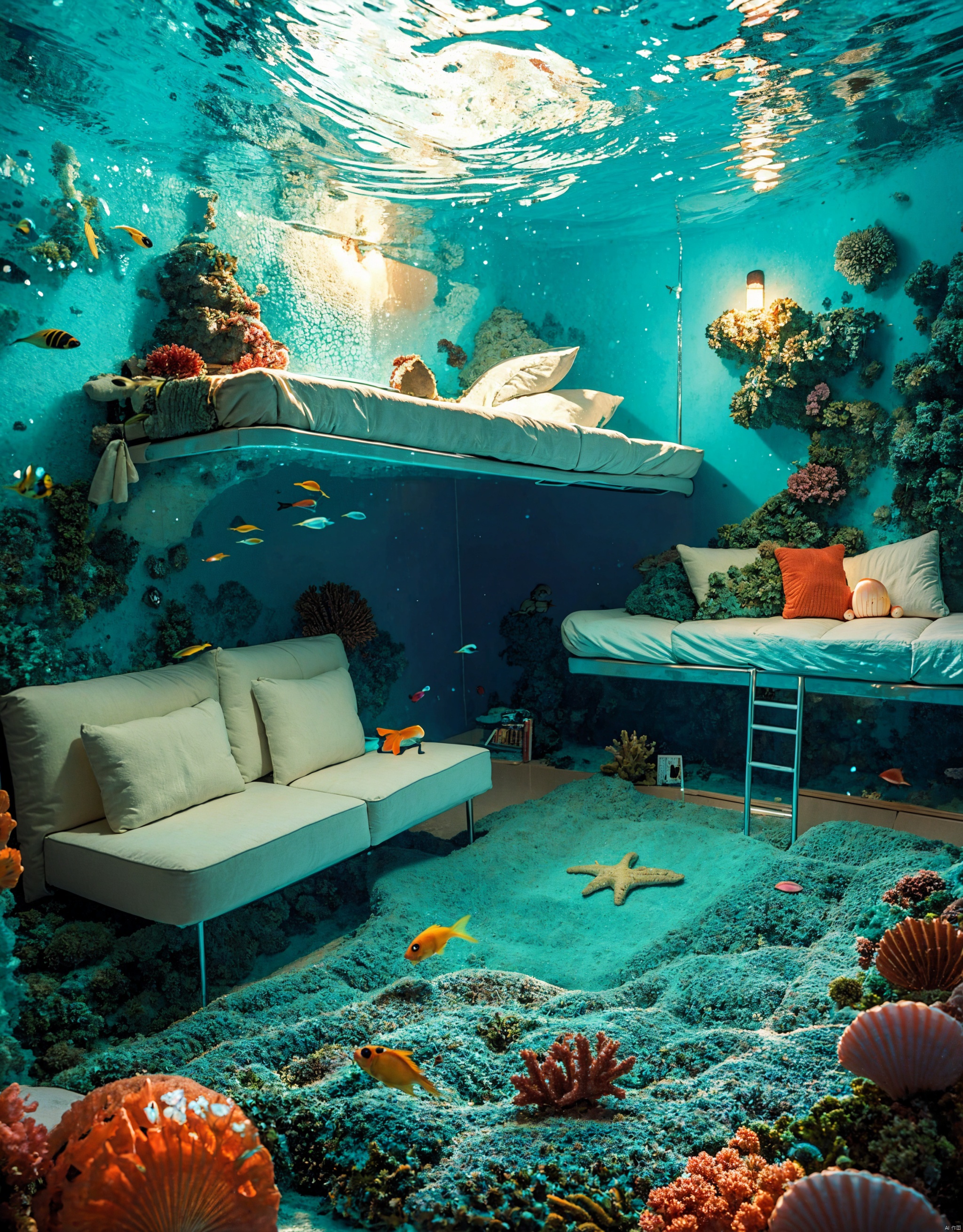 The seafloor, Sofa, living room, walls and ceiling are made of transparent bubbles, and colorful corals and swimming fish can be clearly seen outside. Indoor shell decoration sofa, and decorated with shells and starfish and other marine elements. The room is illuminated by soft blue light, creating a mysterious and serene atmosphere, high quality all over Takashimizu lower bedroom with marine elements, vivid coral reefs and a variety of marine life, intricate details, and a lovely view of the ocean, clear focus, realism, 3D illustrations by Greg Rutkowski, trends in ArtStation, CGSociety, conceptual art for fantasy underwater homes, serene surroundings, detailed ocean decor, atmospheric lighting, best viewed in widescreen format.
