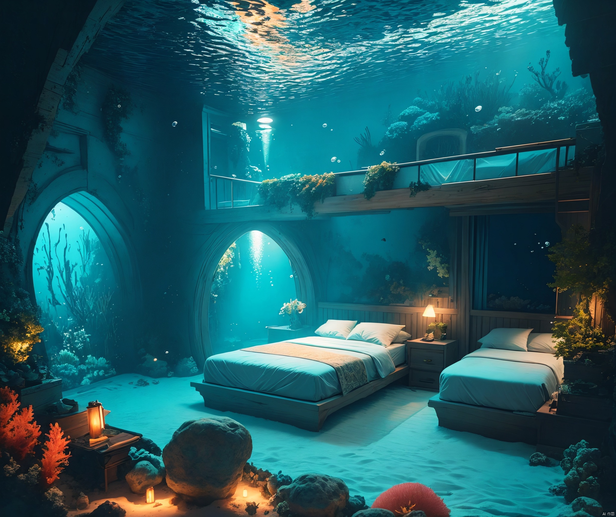  A bedroom located under the sea, with walls and ceiling made of transparent bubbles allowing a clear view of the colorful corals and swimming fish outside. The interior is furnished with a wooden bed and decorated with marine elements such as shells and starfish. The room is illuminated by a soft blue light, creating a mysterious and tranquil atmosphere, high-quality full HD underwater bedroom with oceanic elements, vivid coral reefs, and diverse marine life, intricate details, sharp focus, photorealistic, 3D illustration art by Greg Rutkowski, trending on ArtStation, CGSociety, concept art for fantasy underwater dwelling, serene environment, detailed marine decor, atmospheric lighting, best viewed in widescreen format.