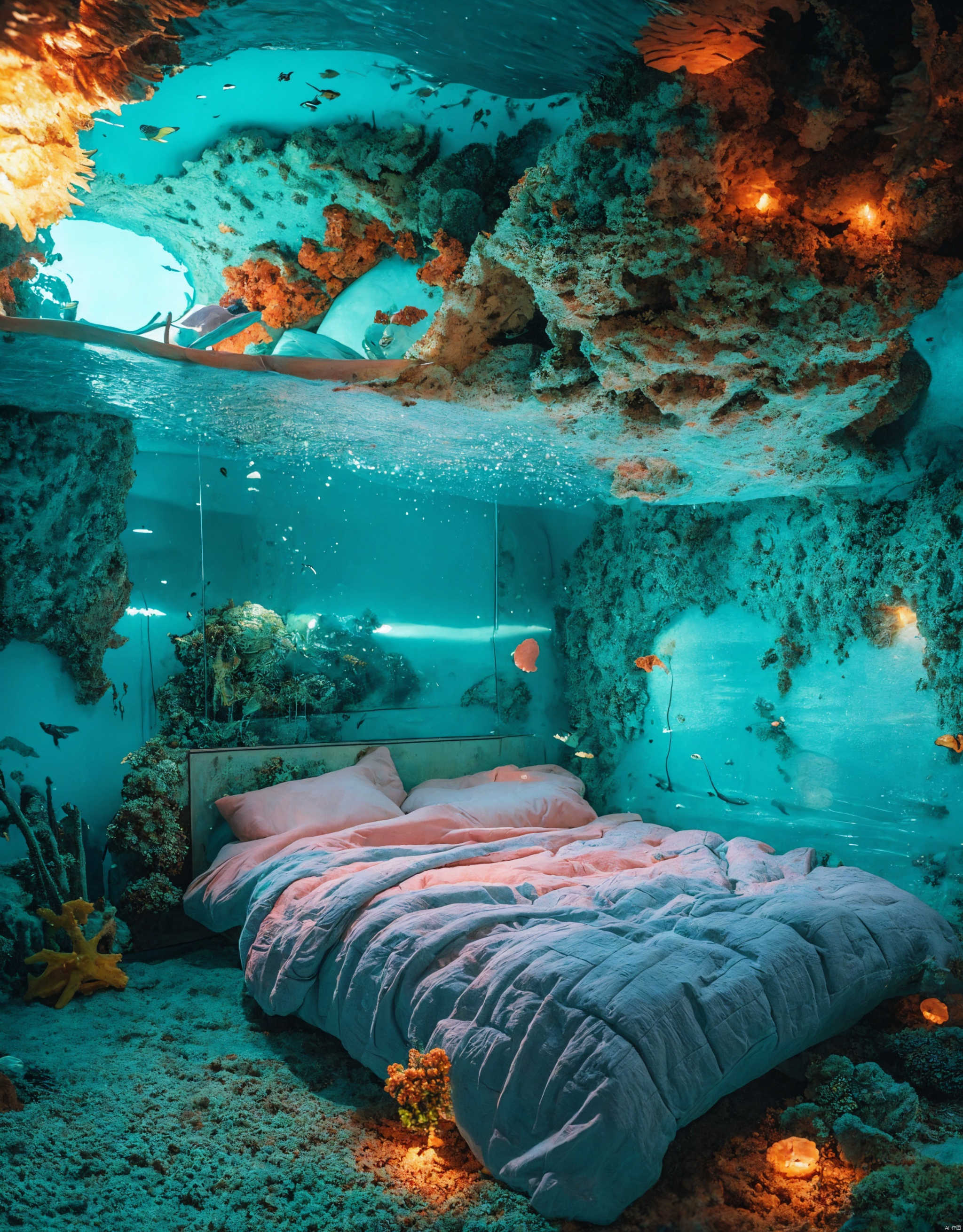  A bedroom located under the sea, with walls and ceiling made of transparent bubbles allowing a clear view of the colorful corals and swimming fish outside. The interior is furnished with a wooden bed and decorated with marine elements such as shells and starfish. The room is illuminated by a soft blue light, creating a mysterious and tranquil atmosphere, high-quality full HD underwater bedroom with oceanic elements, vivid coral reefs, and diverse marine life, intricate details, sharp focus, photorealistic, 3D illustration art by Greg Rutkowski, trending on ArtStation, CGSociety, concept art for fantasy underwater dwelling, serene environment, detailed marine decor, atmospheric lighting, best viewed in widescreen format.