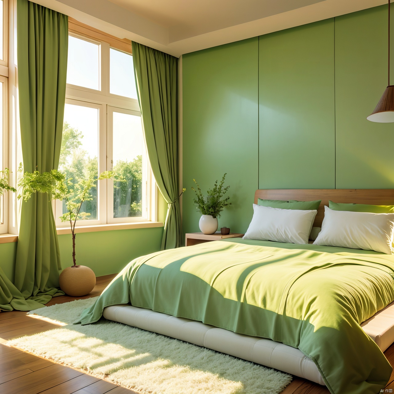lying, indoors, tree, pillow, book, no humans, window, bed, leaf, sunlight, sleeping, plant, curtains, scenery, wooden floor, blanket