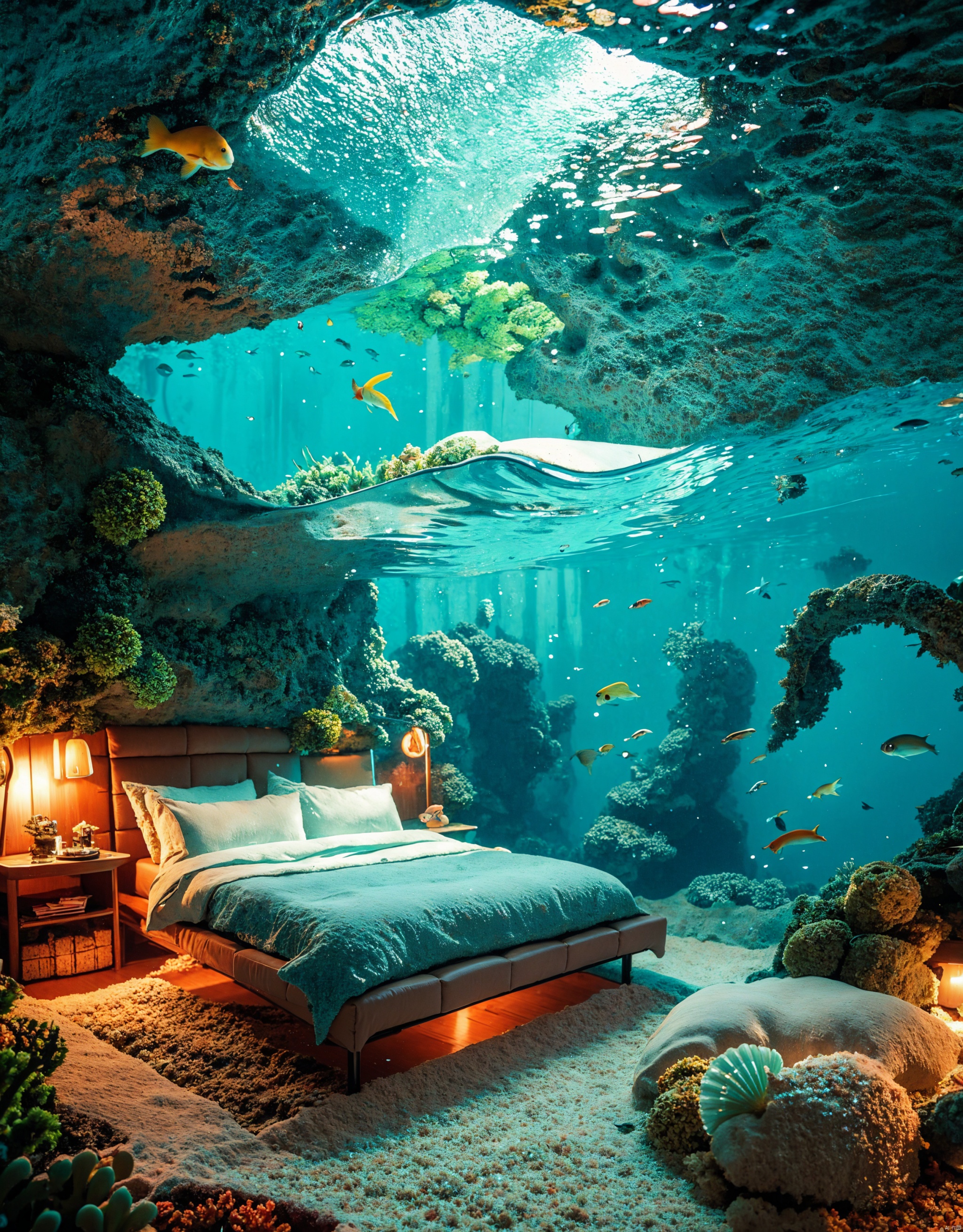  The seafloor, Sofa, living room, walls and ceiling are made of transparent bubbles, and colorful corals and swimming fish can be clearly seen outside. Indoor shell decoration sofa, and decorated with shells and starfish and other marine elements. The room is illuminated by soft blue light, creating a mysterious and serene atmosphere, high quality all over Takashimizu lower bedroom with marine elements, vivid coral reefs and a variety of marine life, intricate details, and a lovely view of the ocean, clear focus, realism, 3D illustrations by Greg Rutkowski, trends in ArtStation, CGSociety, conceptual art for fantasy underwater homes, serene surroundings, detailed ocean decor, atmospheric lighting, best viewed in widescreen format.