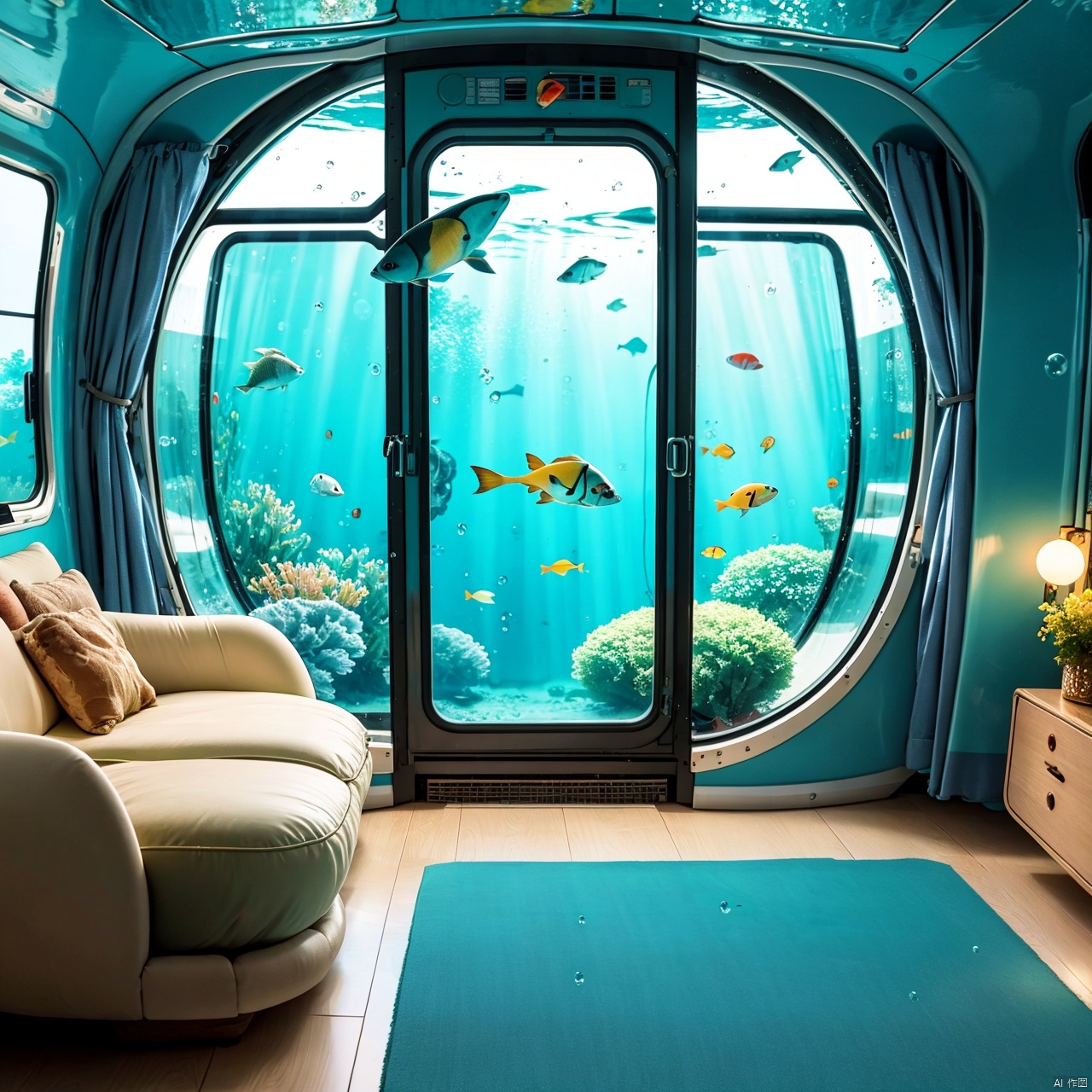  indoors, no humans, window, ground vehicle, scenery, fish, bubble, underwater, air bubble, train interior
