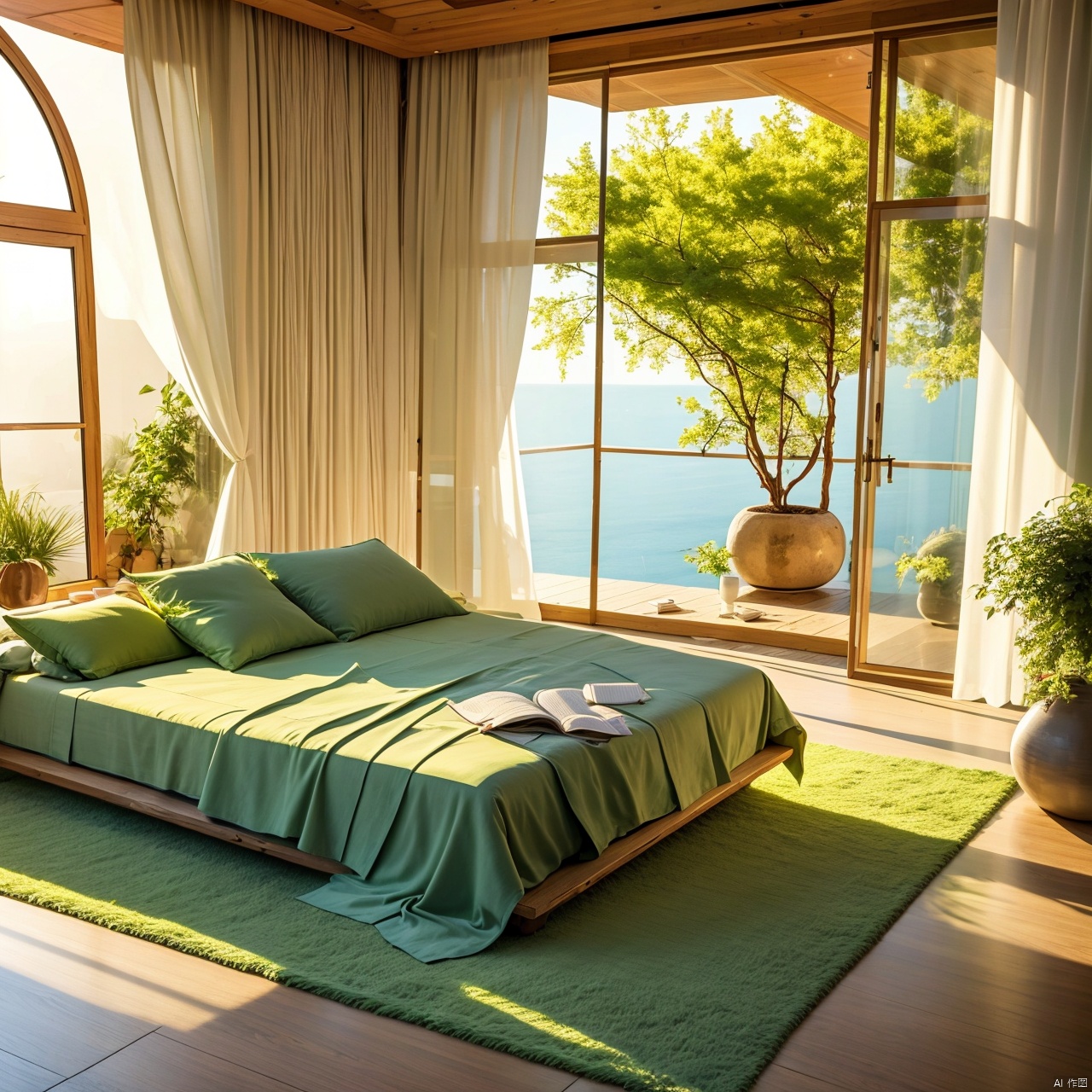 lying, indoors, tree, pillow, book, no humans, window, bed, leaf, sunlight, sleeping, plant, curtains, scenery, wooden floor, blanket