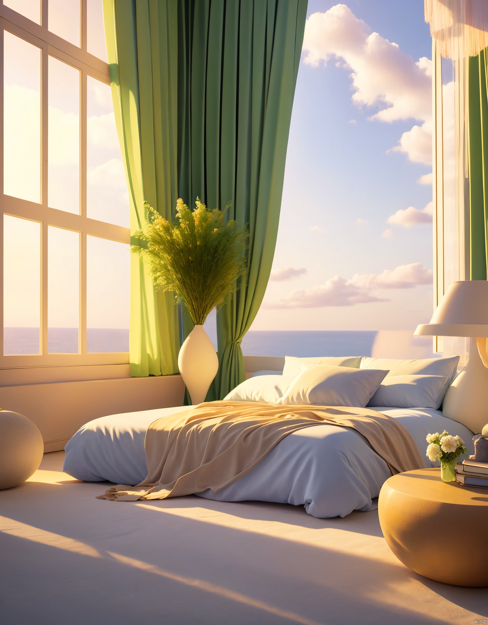 flower, sky, cloud, indoors, pillow, book, no humans, window, bed, ocean, cloudy sky, plant, scenery, sunset, sun, horizon, potted plant, candle, vase