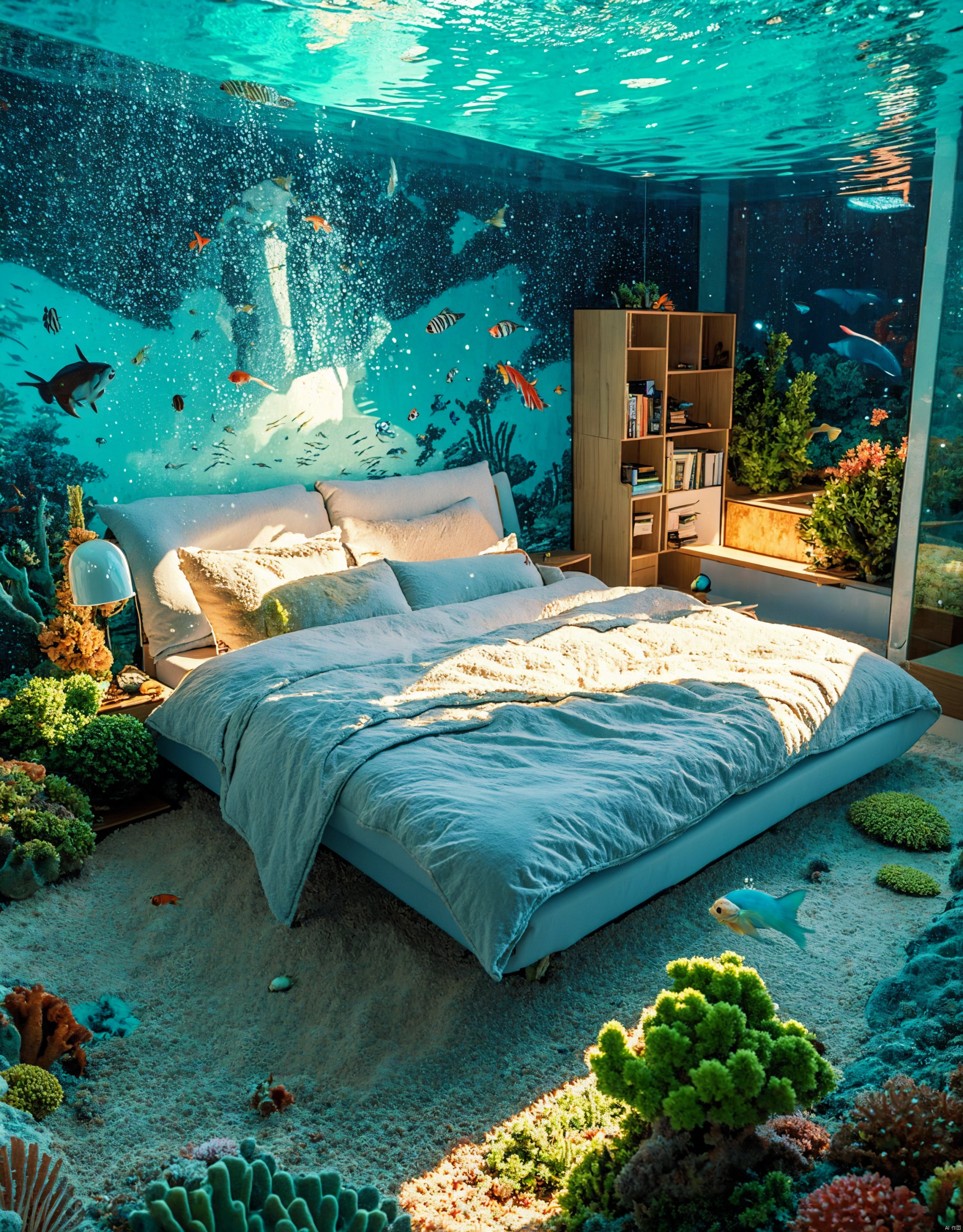  The seafloor, Sofa, living room, walls and ceiling are made of transparent bubbles, and colorful corals and swimming fish can be clearly seen outside. Indoor shell decoration sofa, and decorated with shells and starfish and other marine elements. The room is illuminated by soft blue light, creating a mysterious and serene atmosphere, high quality all over Takashimizu lower bedroom with marine elements, vivid coral reefs and a variety of marine life, intricate details, and a lovely view of the ocean, clear focus, realism, 3D illustrations by Greg Rutkowski, trends in ArtStation, CGSociety, conceptual art for fantasy underwater homes, serene surroundings, detailed ocean decor, atmospheric lighting, best viewed in widescreen format.