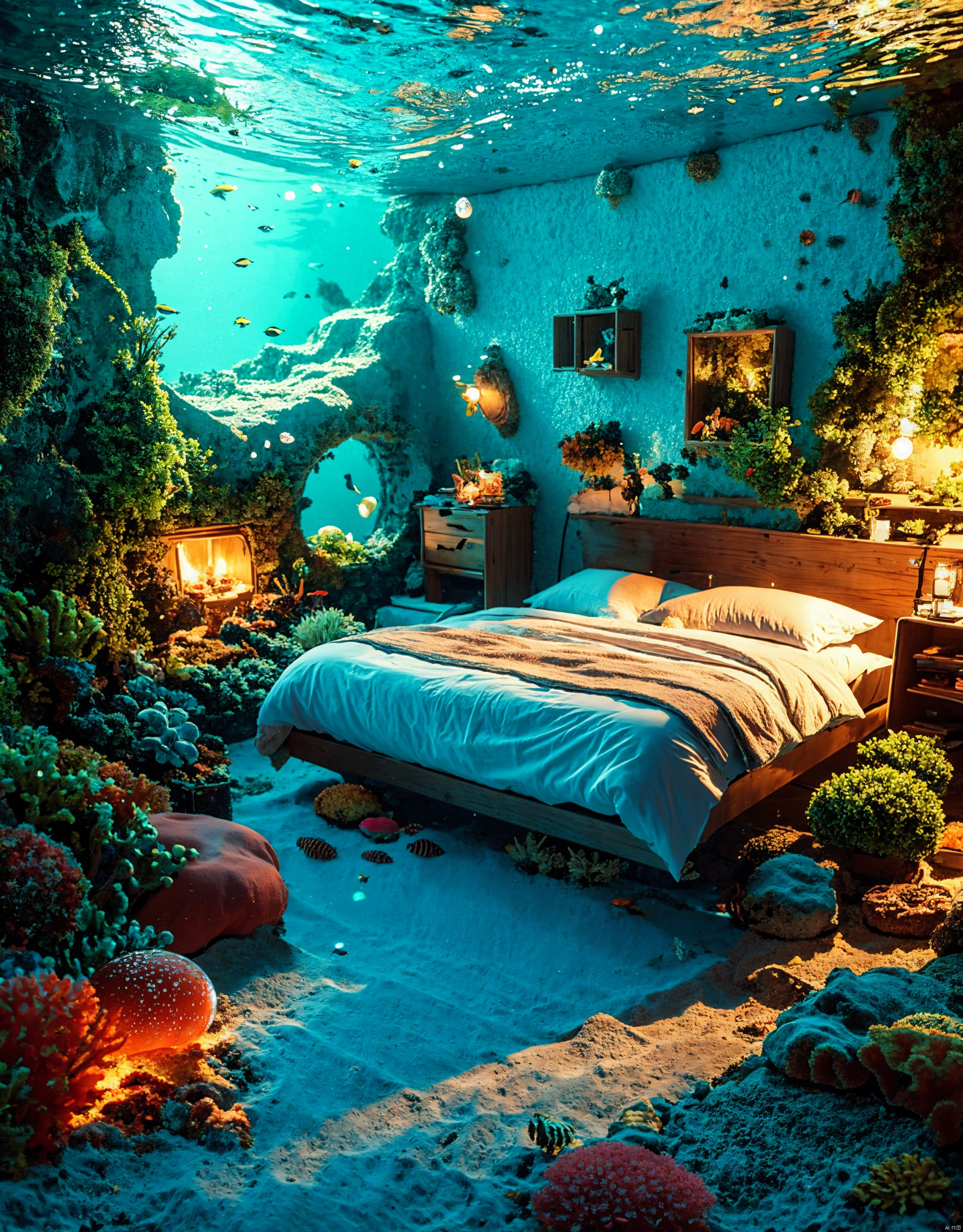  A bedroom located under the sea, with walls and ceiling made of transparent bubbles allowing a clear view of the colorful corals and swimming fish outside. The interior is furnished with a wooden bed and decorated with marine elements such as shells and starfish. The room is illuminated by a soft blue light, creating a mysterious and tranquil atmosphere, high-quality full HD underwater bedroom with oceanic elements, vivid coral reefs, and diverse marine life, intricate details, sharp focus, photorealistic, 3D illustration art by Greg Rutkowski, trending on ArtStation, CGSociety, concept art for fantasy underwater dwelling, serene environment, detailed marine decor, atmospheric lighting, best viewed in widescreen format.