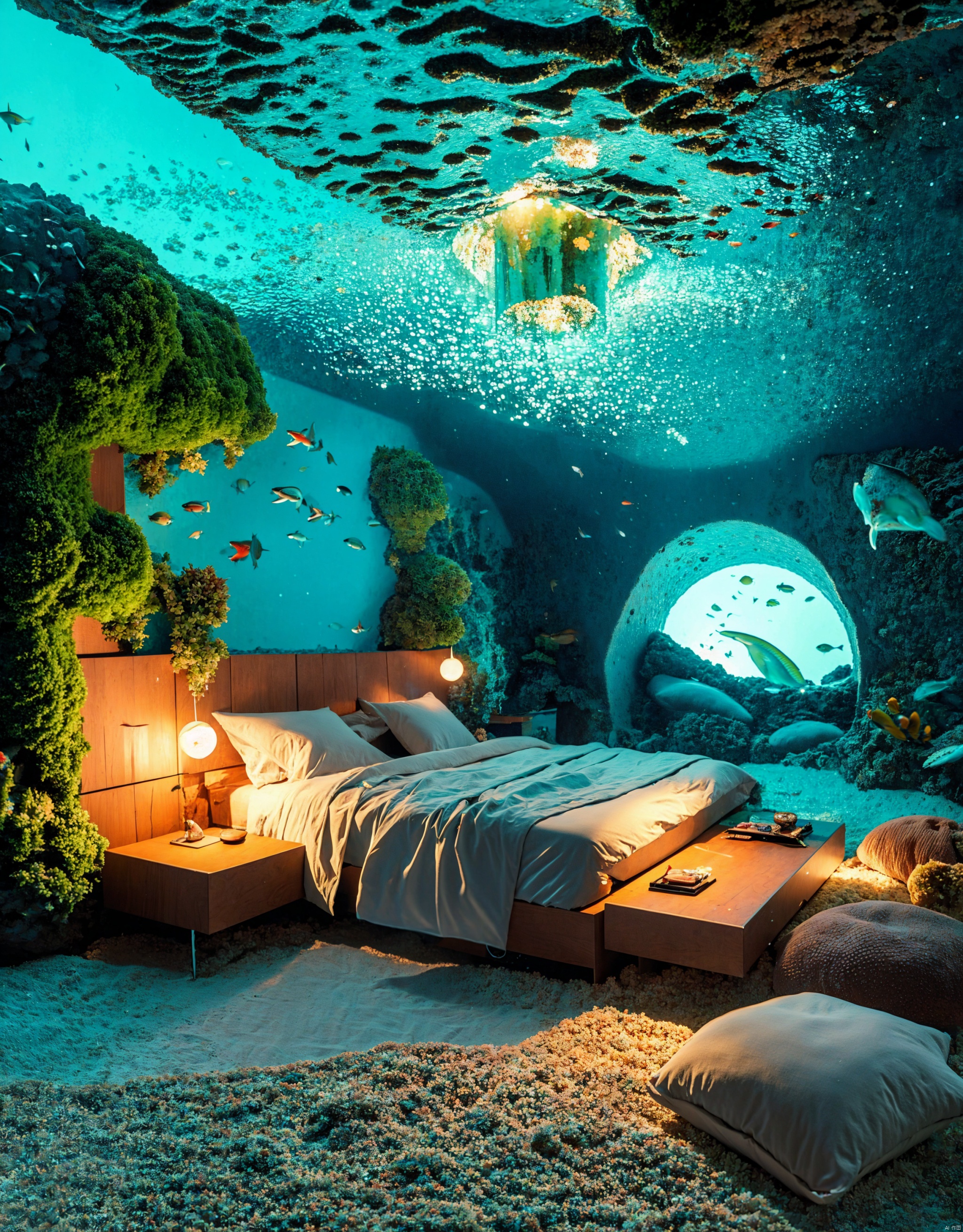  The seafloor, Sofa, living room, walls and ceiling are made of transparent bubbles, and colorful corals and swimming fish can be clearly seen outside. Indoor shell decoration sofa, and decorated with shells and starfish and other marine elements. The room is illuminated by soft blue light, creating a mysterious and serene atmosphere, high quality all over Takashimizu lower bedroom with marine elements, vivid coral reefs and a variety of marine life, intricate details, and a lovely view of the ocean, clear focus, realism, 3D illustrations by Greg Rutkowski, trends in ArtStation, CGSociety, conceptual art for fantasy underwater homes, serene surroundings, detailed ocean decor, atmospheric lighting, best viewed in widescreen format.