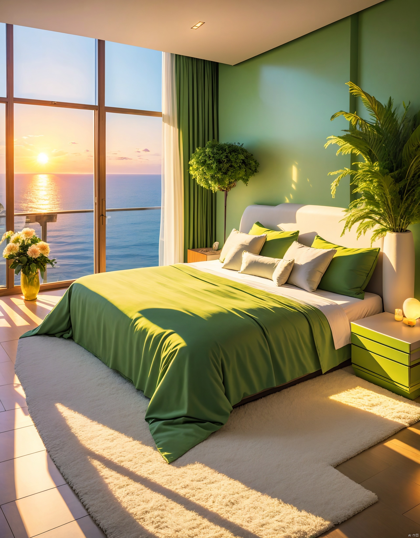 flower, sky, cloud, indoors, pillow, book, no humans, window, bed, ocean, cloudy sky, plant, scenery, sunset, sun, horizon, potted plant, candle, vase