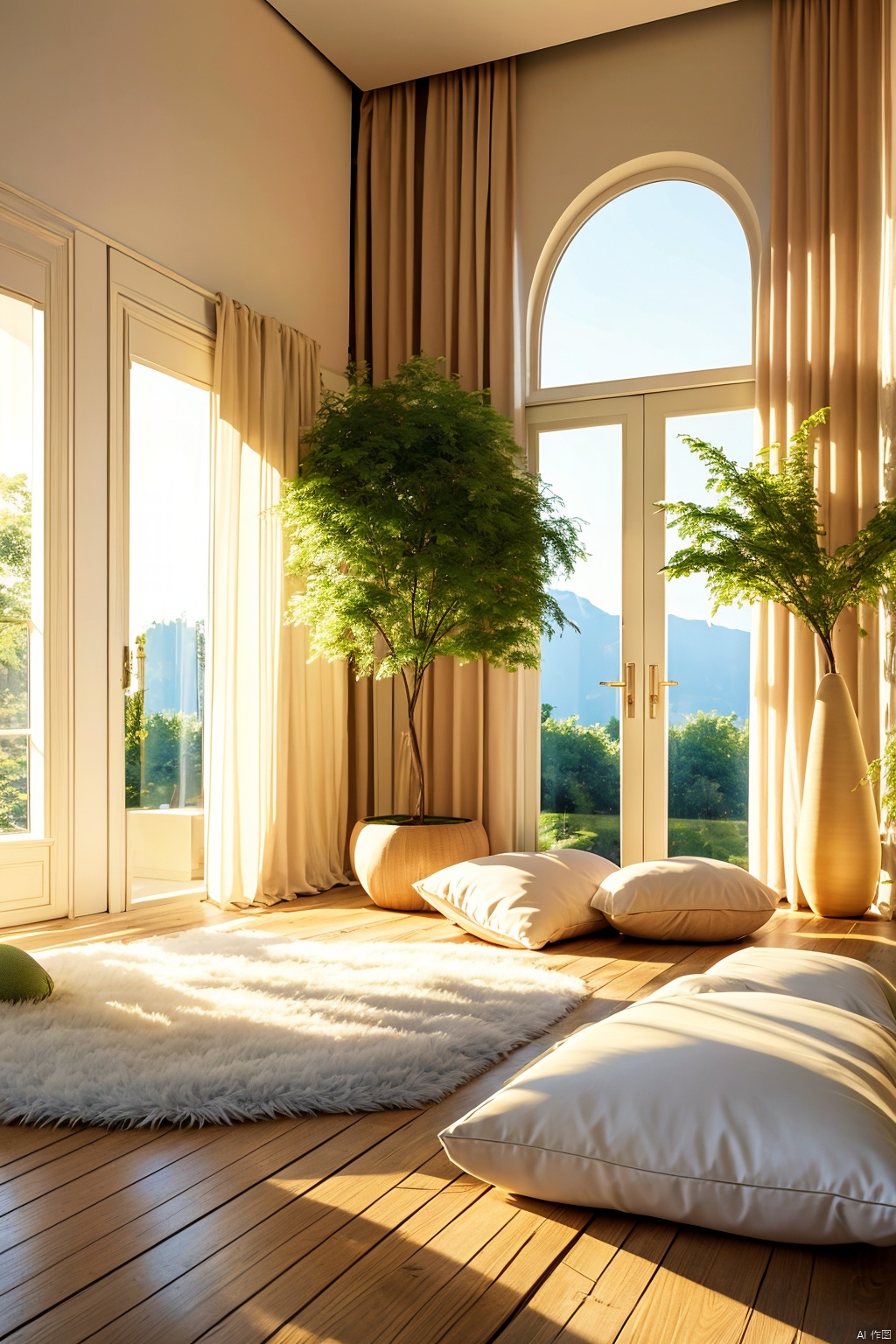 lying, indoors, tree, pillow, book, no humans, window, bed, leaf, sunlight, sleeping, plant, curtains, scenery, wooden floor, blanket