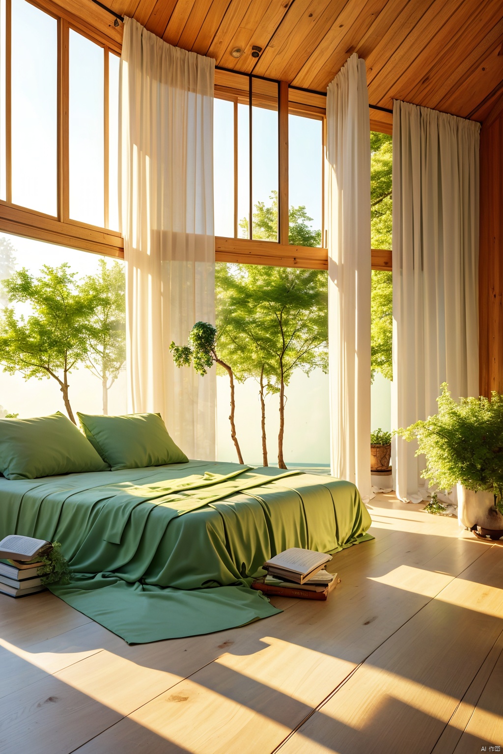 lying, indoors, tree, pillow, book, no humans, window, bed, leaf, sunlight, sleeping, plant, curtains, scenery, wooden floor, blanket