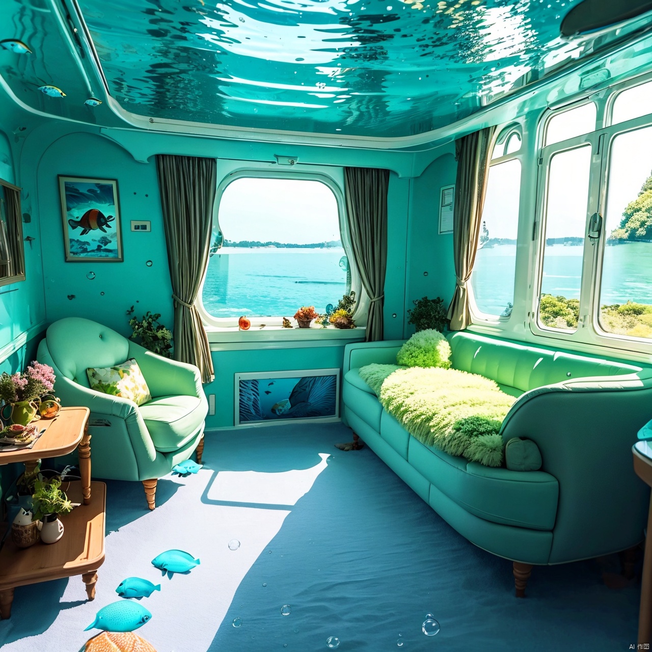  indoors, no humans, window, ground vehicle, scenery, fish, bubble, underwater, air bubble, train interior