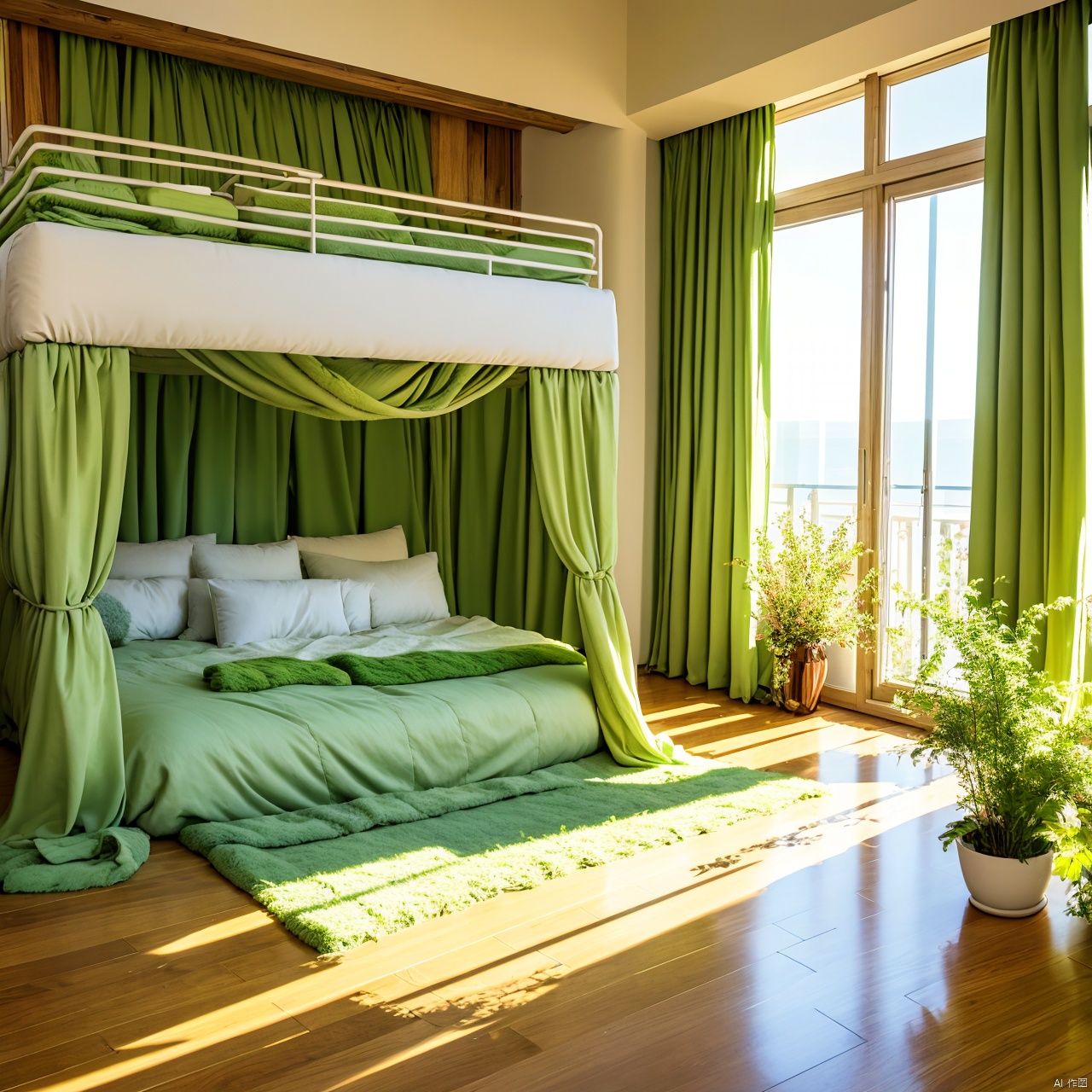 lying, indoors, tree, pillow, book, no humans, window, bed, leaf, sunlight, sleeping, plant, curtains, scenery, wooden floor, blanket