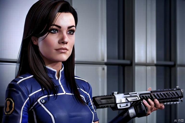 1girl, beautiful, long hair, alone, blue uniform, armed,CG,realistic,