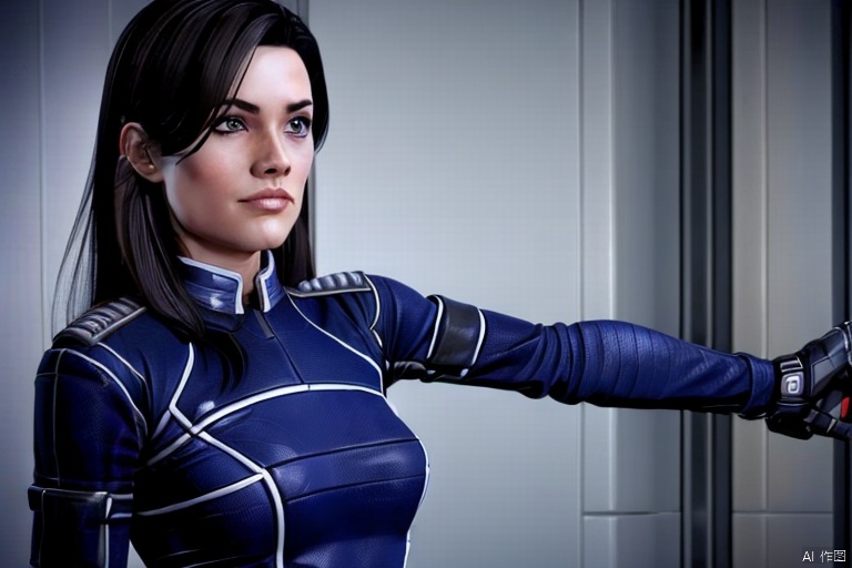 1girl, beautiful, long hair, alone, blue uniform, armed,CG,realistic,