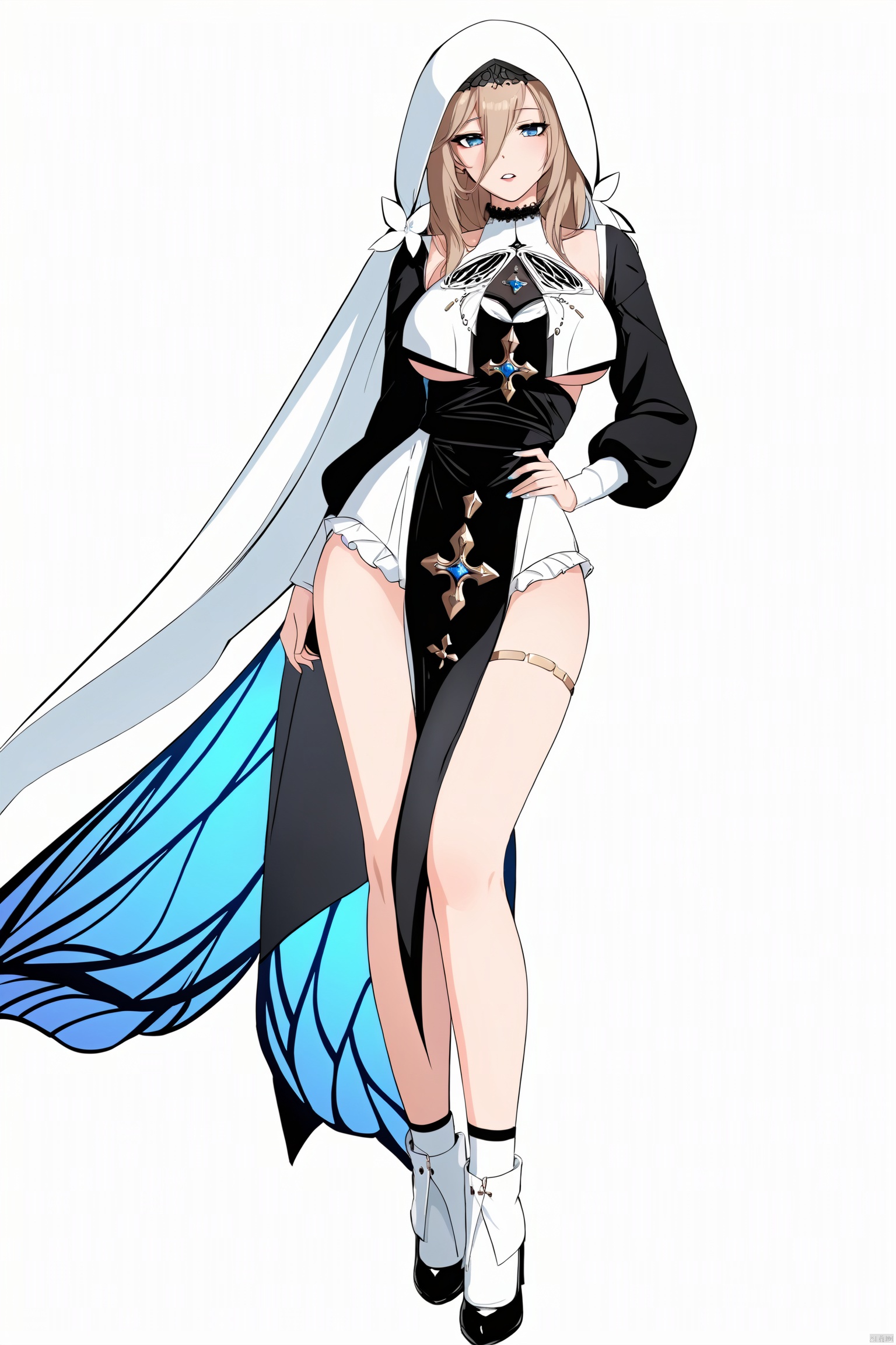 score_9,score_8_up,score_7_up,best quality,masterpiece,source_anime,8k,masterpiece, best quality,1girl,parted lips, solo,full_body,(aponia, nun, def clothe), 1girl, breasts, bangs,blue eyes,long hair,standing,posing,hair between eyes, blue butterfly,cowboy shot,,white background,wide shot,lens 135mm,f1.8,looking_at_viewer<lora:EMS-331704-EMS:0.800000>
