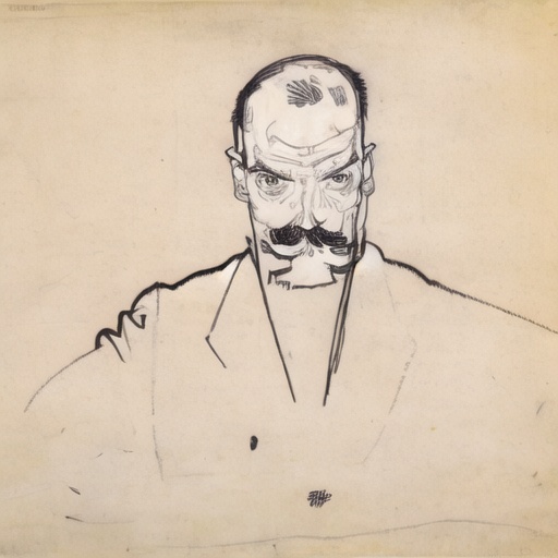 1boy, male focus, solo, traditional media, monochrome, facial hair, mustache, bald, sketch, formal, suit,<lora:aki:1.6>,