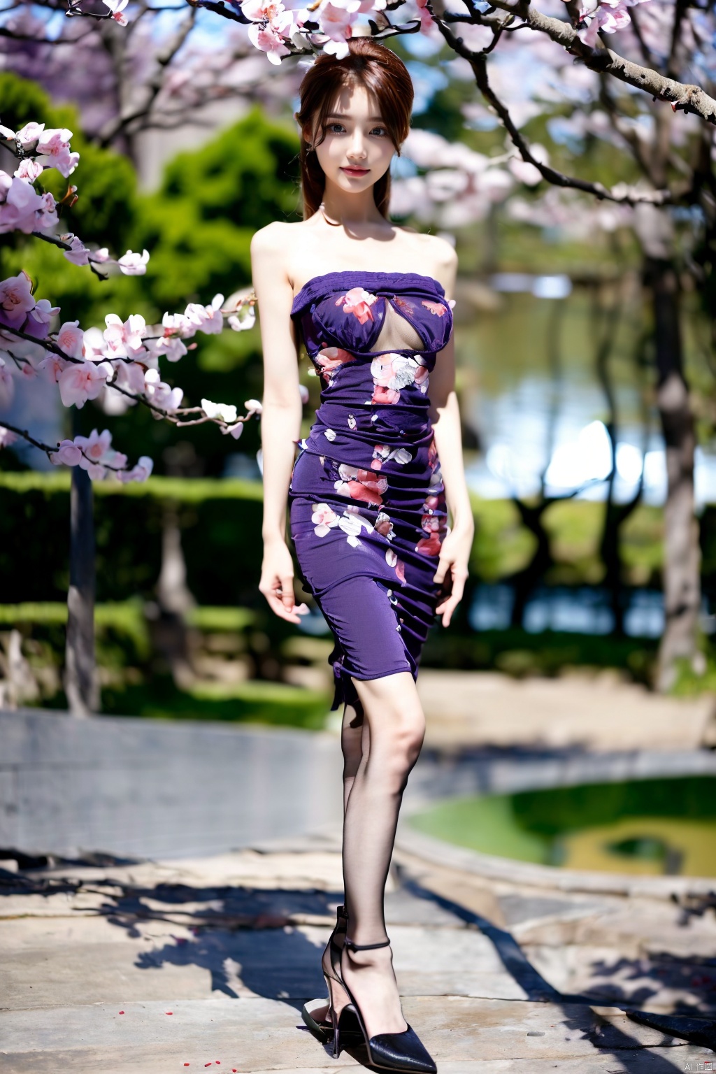  ((Masterpiece, best quality),1girl,solo,super detailed,8k,realistic,sharp focus,very detailed,professional lighting,spotlight,colorful details,detailed texture,(purple dress:1.5),(most suitable hairstyle:1.4),(most helpful posture:1.3),(full body photo:1.4),Full breasts,perfect style,body,18 year old,smile,transparent,(background is Suzhou gardens:1.5),(Under the peach blossom tree),dynamic pose, ((poakl)), 