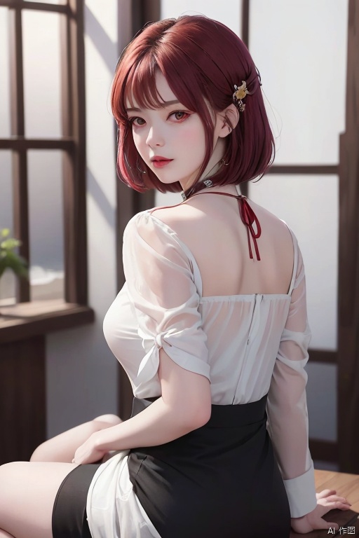 female,(masterpiece, best quality, ultra detailed, absurdres)1.5,white shirt black dress neck ribbon,1girl short hair,demonictech, red hair, bangs, sitting, from_behind, looking_at_viewer,dress,1girl,