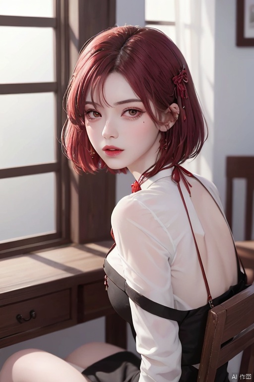 female,(masterpiece, best quality, ultra detailed, absurdres)1.5,white shirt black dress neck ribbon,1girl short hair,demonictech, red hair, bangs, sitting, from_behind, looking_at_viewer,dress,1girl,