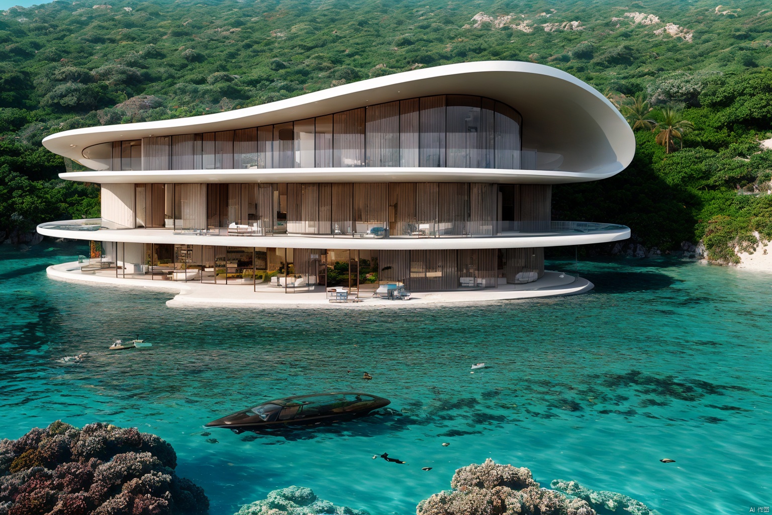  submarine villa,underwater architecture,blue ocean around the villa,amazing architecture, outdoors,bird,flsh,boat,
building,water,scenery,ray tracing,best quality,extreme detail,masterpiece,UHD,16k,wallpaper,poster,film texture,award-winning, dvarchmodern