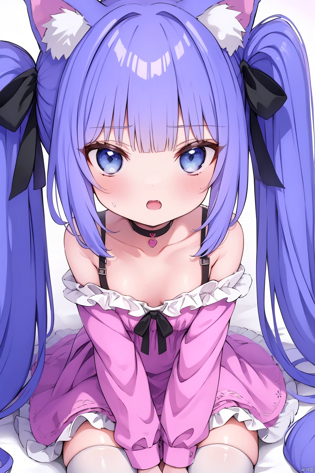  "(best quality),(ultra detailed),(clean face),(beautiful face),(smooth skin),(high quality),(fine texture),(unparalleled masterpiece),(surreal 8k)" ,1girl  solo  loli long hair  breasts  looking at viewer  blush  open mouth  bangs  blue eyes  thighhighs  long sleeves  dress  ribbon  animal ears  twintails  sitting  very long hair  blue hair  collarbone  hair ribbon  heart  small breasts  frills  cat ears  blunt bangs  off shoulder  white thighhighs  animal ear fluff  black ribbon  frilled dress  pink dress  between legs  hand between legs