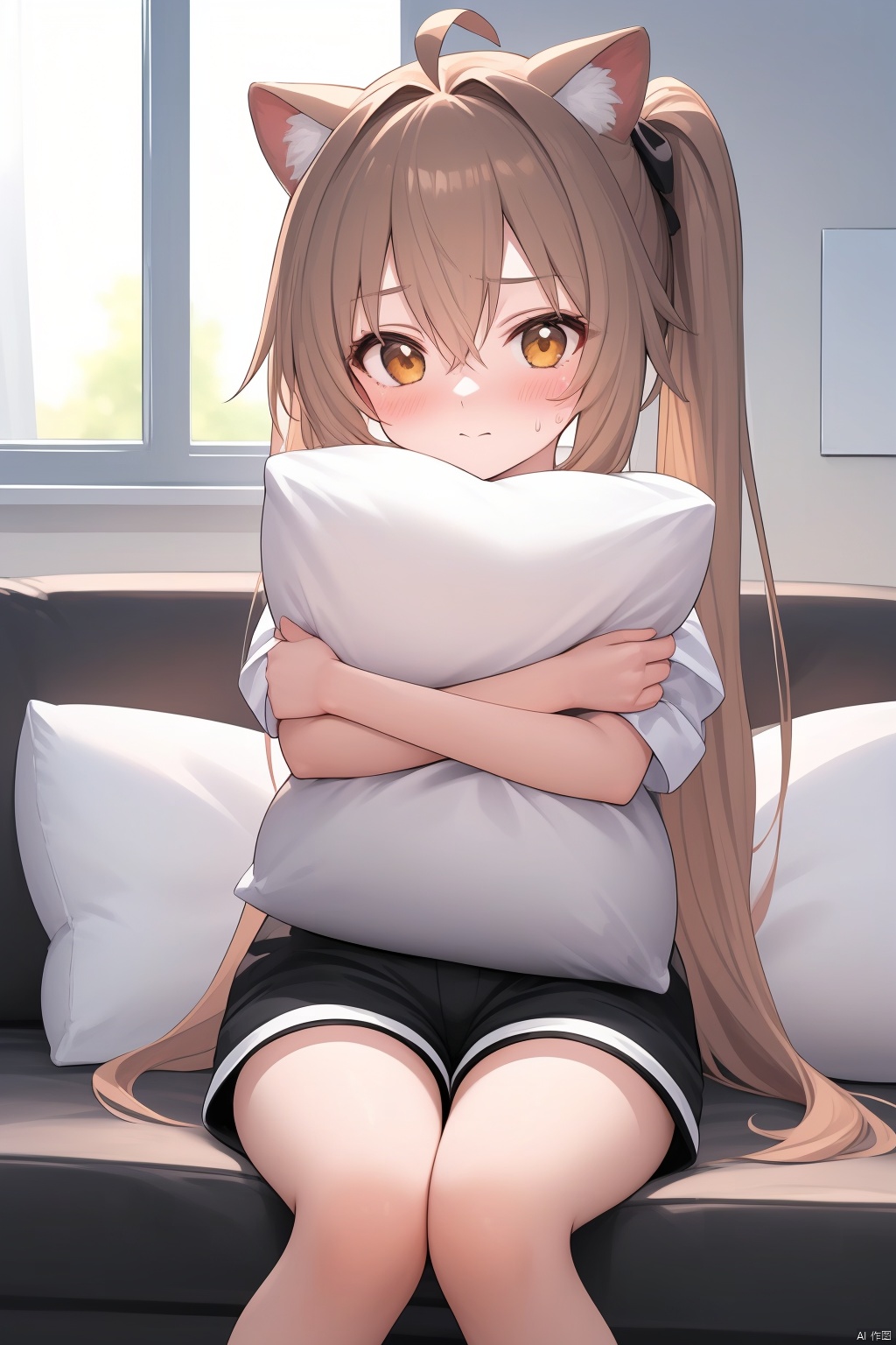  "(best quality),(ultra detailed),(clean face),(beautiful face),(smooth skin),(high quality),(fine texture),(unparalleled masterpiece),(surreal 8k)" ,1girl

solo

loli

long hair

looking at viewer

blush

bangs

shirt

hair between eyes

brown eyes

sitting

closed mouth

white shirt

ahoge

sky

shorts

day

indoors

sweatdrop

pillow

window

black shorts

crossed arms

object hug

pillow hug