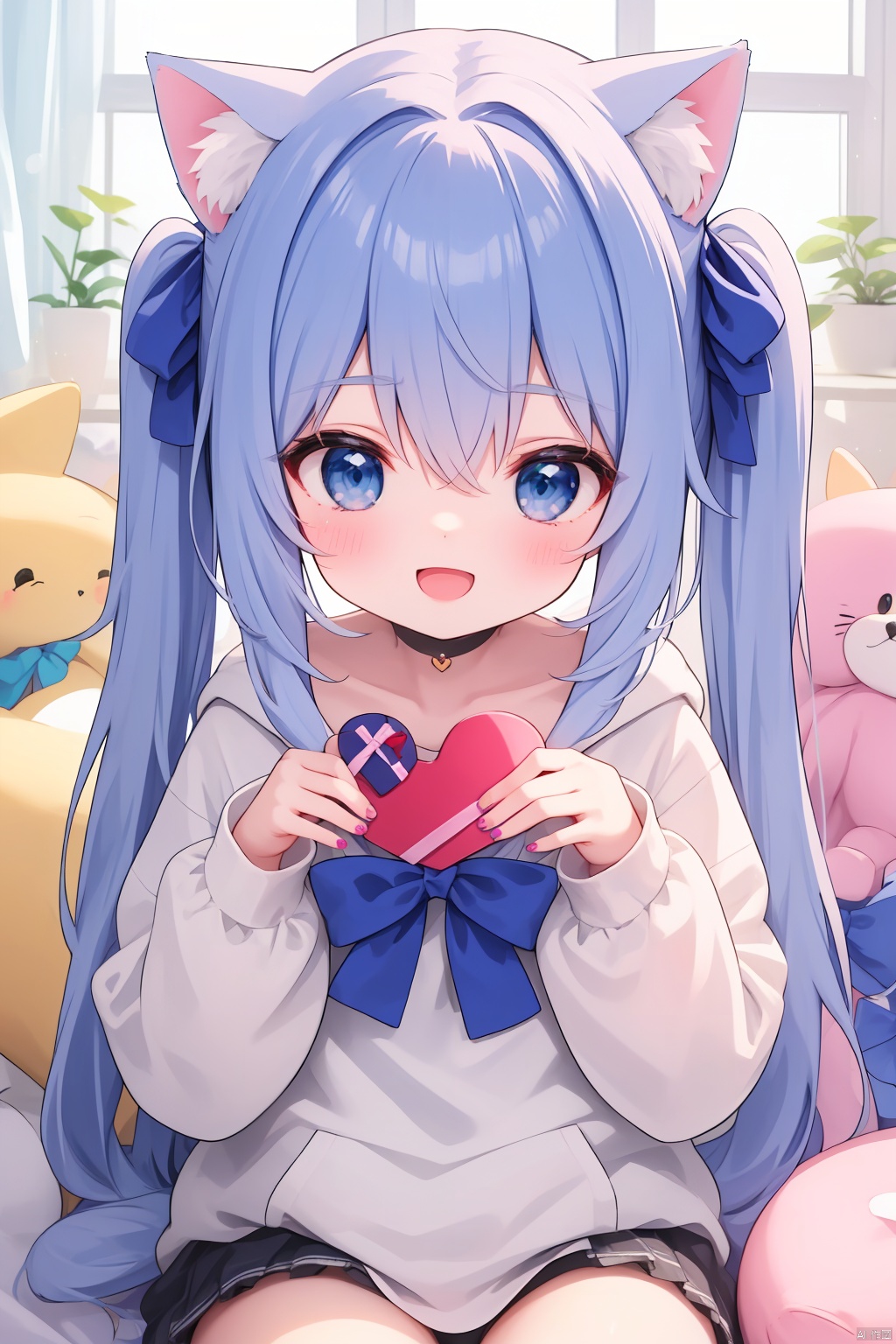  "(best quality),(ultra detailed),(clean face),(beautiful face),(smooth skin),(high quality),(fine texture),(unparalleled masterpiece),(surreal 8k)" ,1girl

solo

loli

long hair

looking at viewer

blush

smile

open mouth

bangs

blue eyes

shirt

hair ornament

long sleeves

bow

holding

animal ears

hair between eyes

sitting

very long hair

blue hair

tail

:d

heart

cat ears

hood

red bow

cat tail

sleeves past wrists

hands up

one side up

blue bow

stuffed toy

hood down

cat girl

animal print

box

gift

blue nails

gift box

tail ornament

holding gift

cardboard box

tail bow

heart-shaped box

in box

stuffed cat