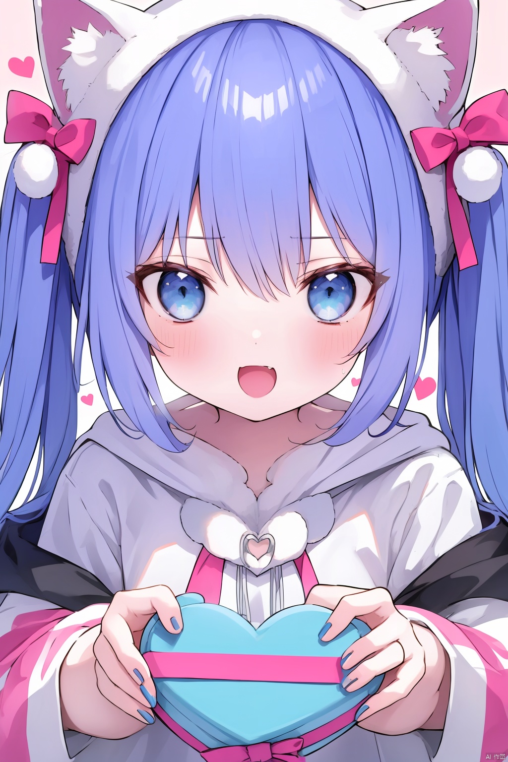  "(best quality),(ultra detailed),(clean face),(beautiful face),(smooth skin),(high quality),(fine texture),(unparalleled masterpiece),(surreal 8k)" ,1girl

solo

loli

long hair

looking at viewer

blush

smile

open mouth

bangs

blue eyes

shirt

hair ornament

long sleeves

bow

holding

animal ears

hair between eyes

sitting

very long hair

blue hair

tail

:d

heart

cat ears

hood

red bow

cat tail

sleeves past wrists

hands up

one side up

blue bow

stuffed toy

hood down

cat girl

animal print

box

gift

blue nails

gift box

tail ornament

holding gift

cardboard box

tail bow

heart-shaped box

in box

stuffed cat