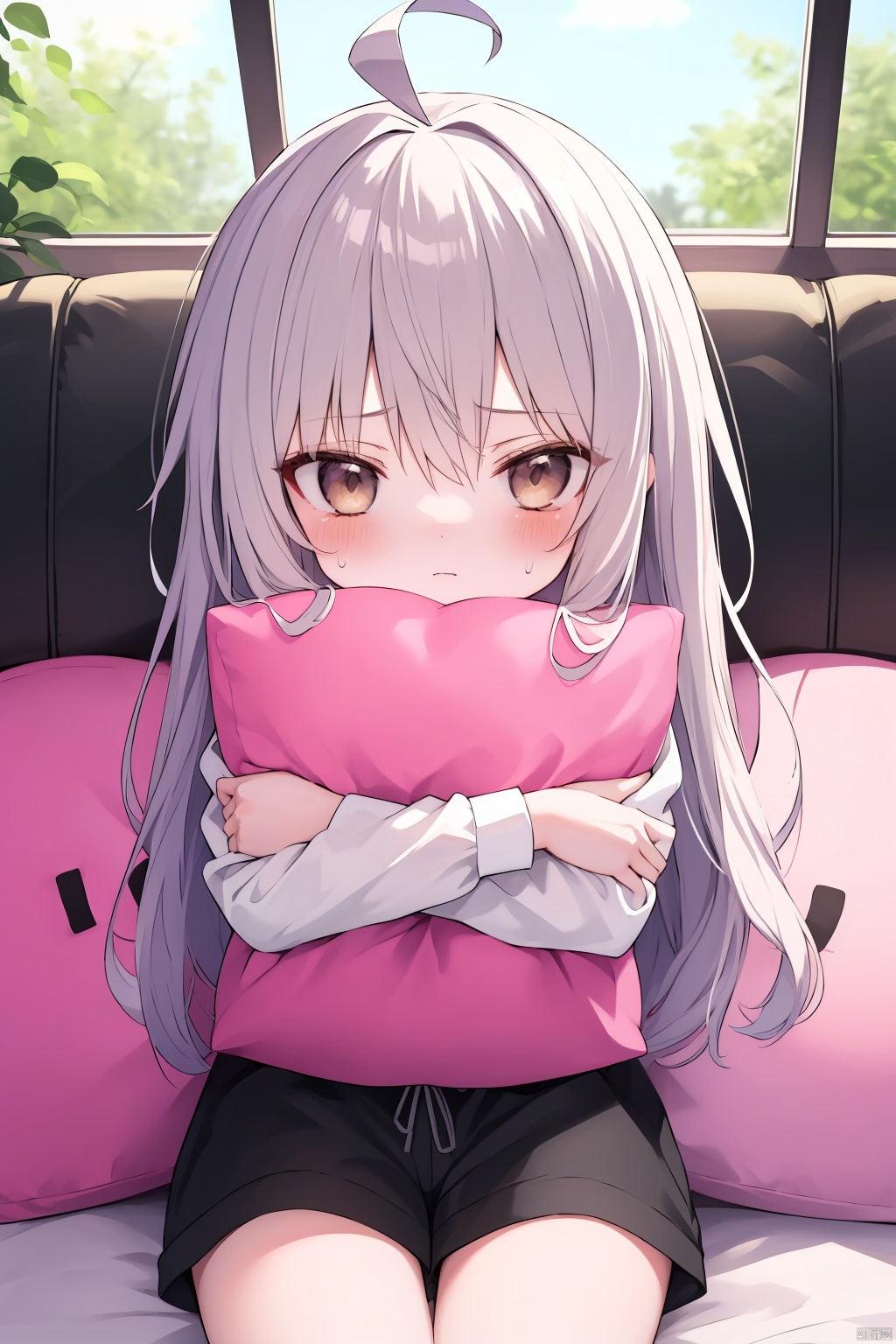  "(best quality),(ultra detailed),(clean face),(beautiful face),(smooth skin),(high quality),(fine texture),(unparalleled masterpiece),(surreal 8k)" ,1girl

solo

loli

long hair

looking at viewer

blush

bangs

shirt

hair between eyes

brown eyes

sitting

closed mouth

white shirt

ahoge

sky

shorts

day

indoors

sweatdrop

pillow

window

black shorts

crossed arms

object hug

pillow hug