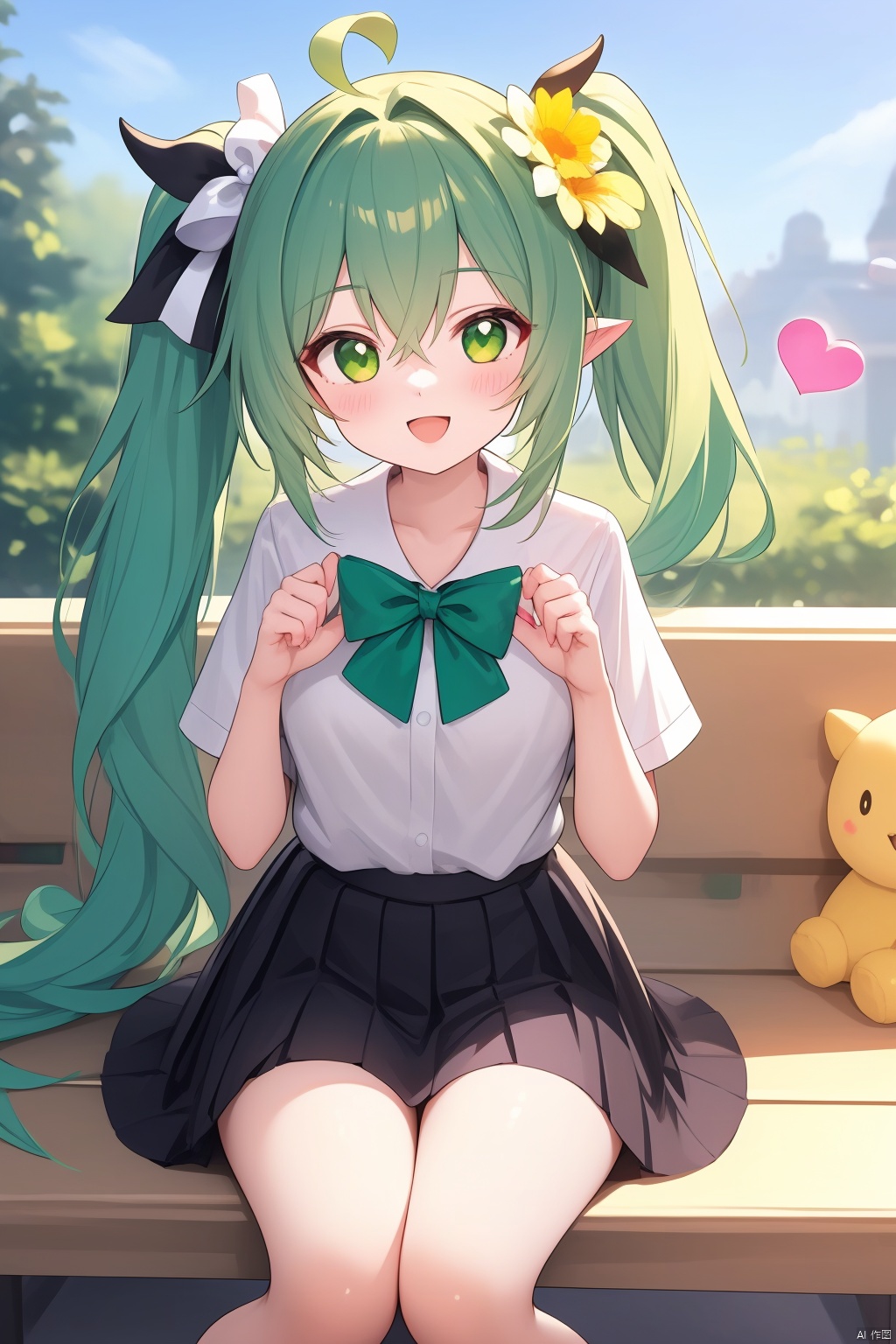  "(best quality),(ultra detailed),(clean face),(beautiful face),(smooth skin),(high quality),(fine texture),(unparalleled masterpiece),(surreal 8k)" ,1girl  solo  loli  long hair  looking at viewer  smile  open mouth  bangs  skirt  shirt  hair ornament  hair between eyes  sitting  green eyes  white shirt  flower  white hair  short sleeves  :d  heart  multicolored hair  green hair  alternate costume  pointy ears  hair flower  side ponytail  symbol-shaped pupils  gradient hair  green skirt  bench  heart hands  nahida \(genshin impact\)