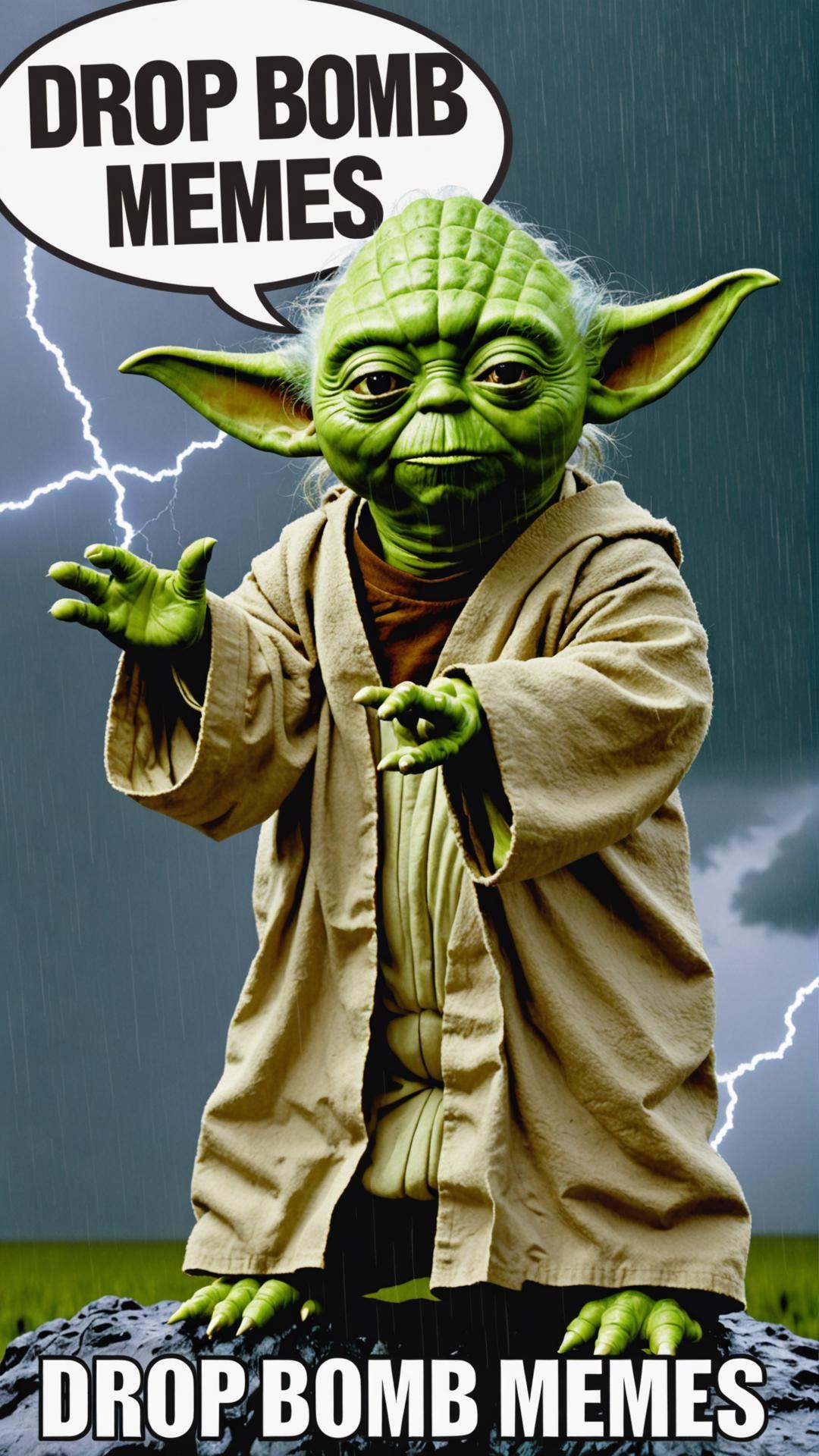 Photo of Yoda in thunderstorm with text bubble that says "drop bomb memes" on Tensor.Art