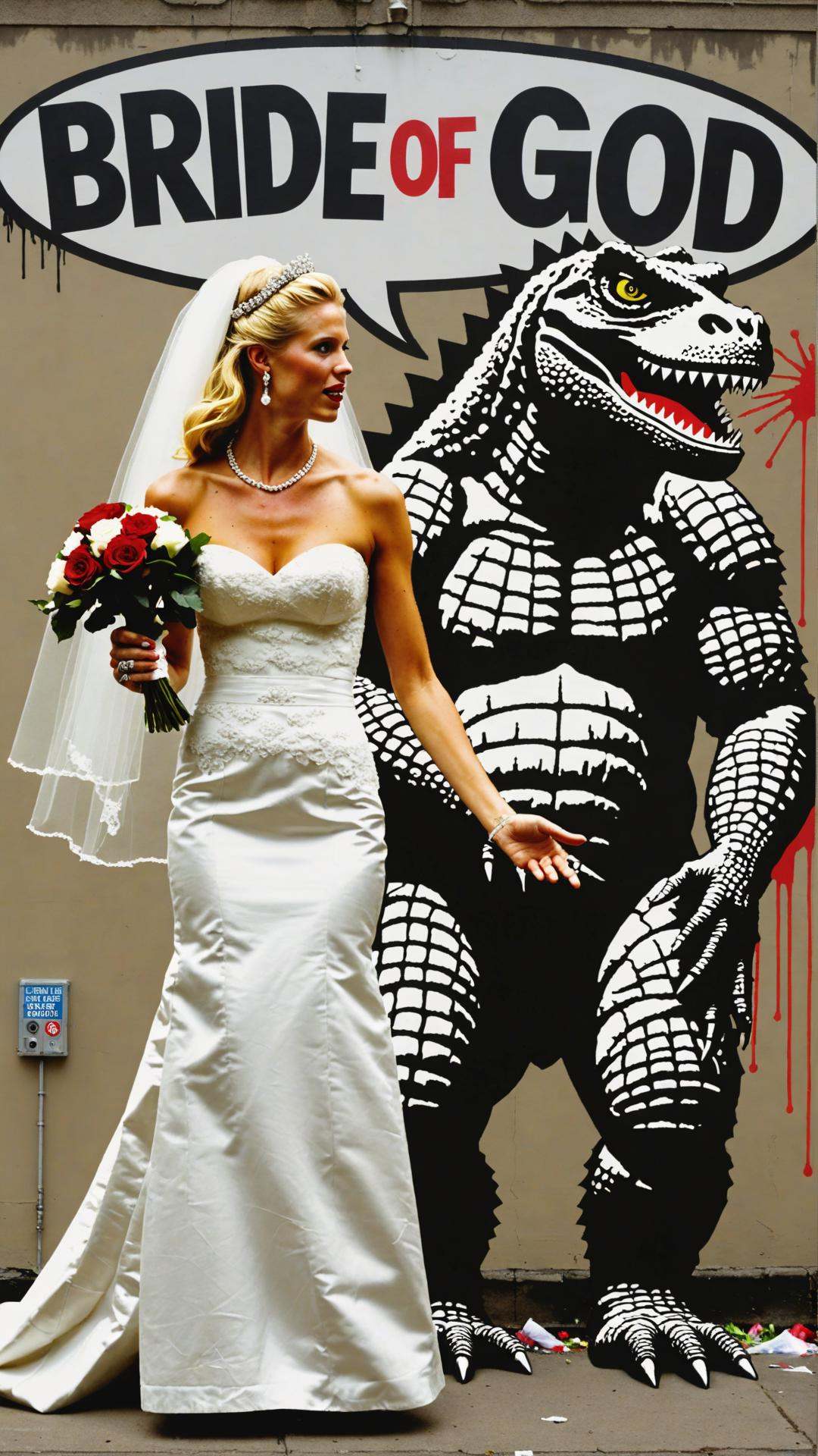 Banksy graffiti of blonde supermodel bride zilla and Godzilla getting married with text bubble that says "bride of god" on...