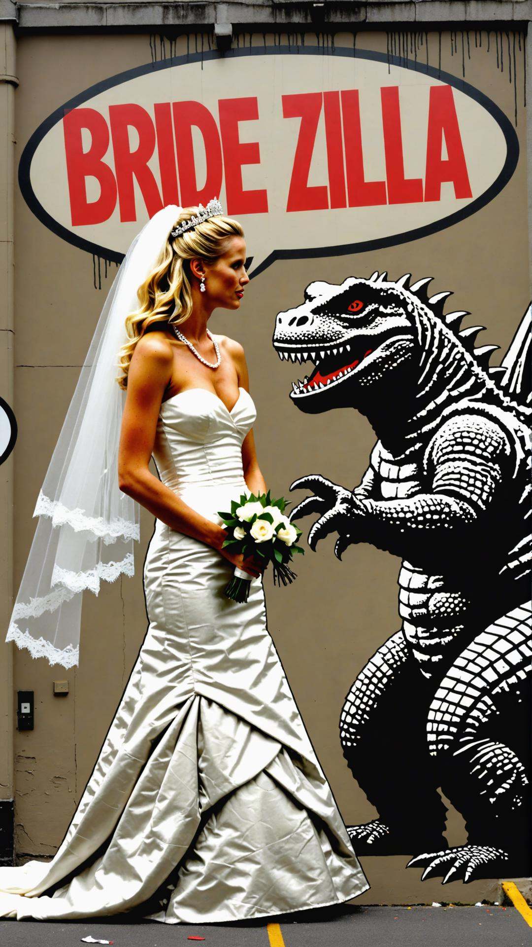 Banksy graffiti of blonde supermodel bride zilla and Godzilla getting married with text bubble that says "bride zilla" on...