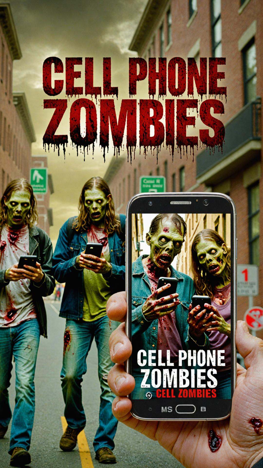 Photo of zombies looking at cellphone in street with text that says "cell phone zombies" on Tensor.Art