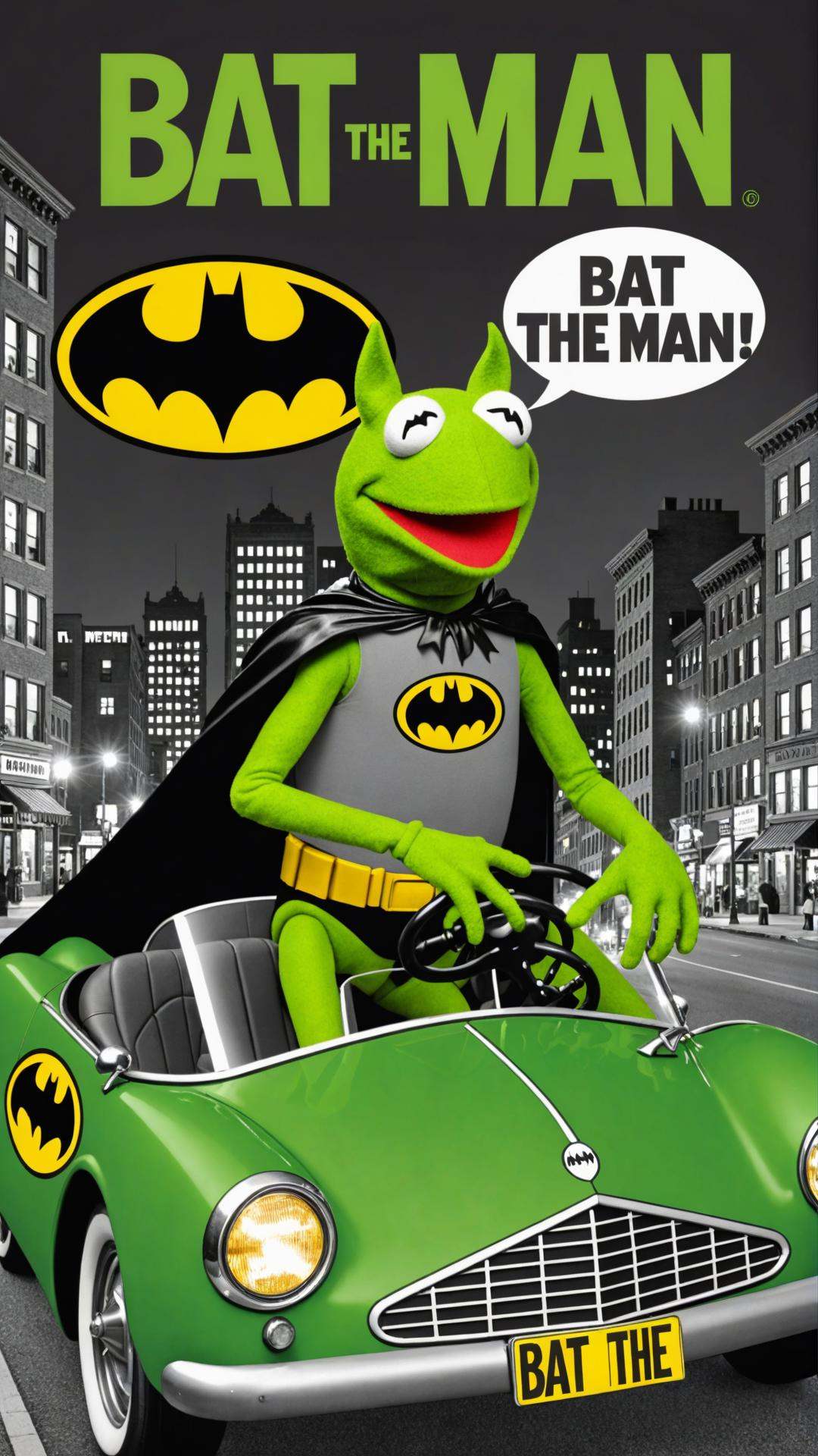 Black and white and green Photo of Kermit the frog dressed as batman driving batmobile in city at night with text bubble t...
