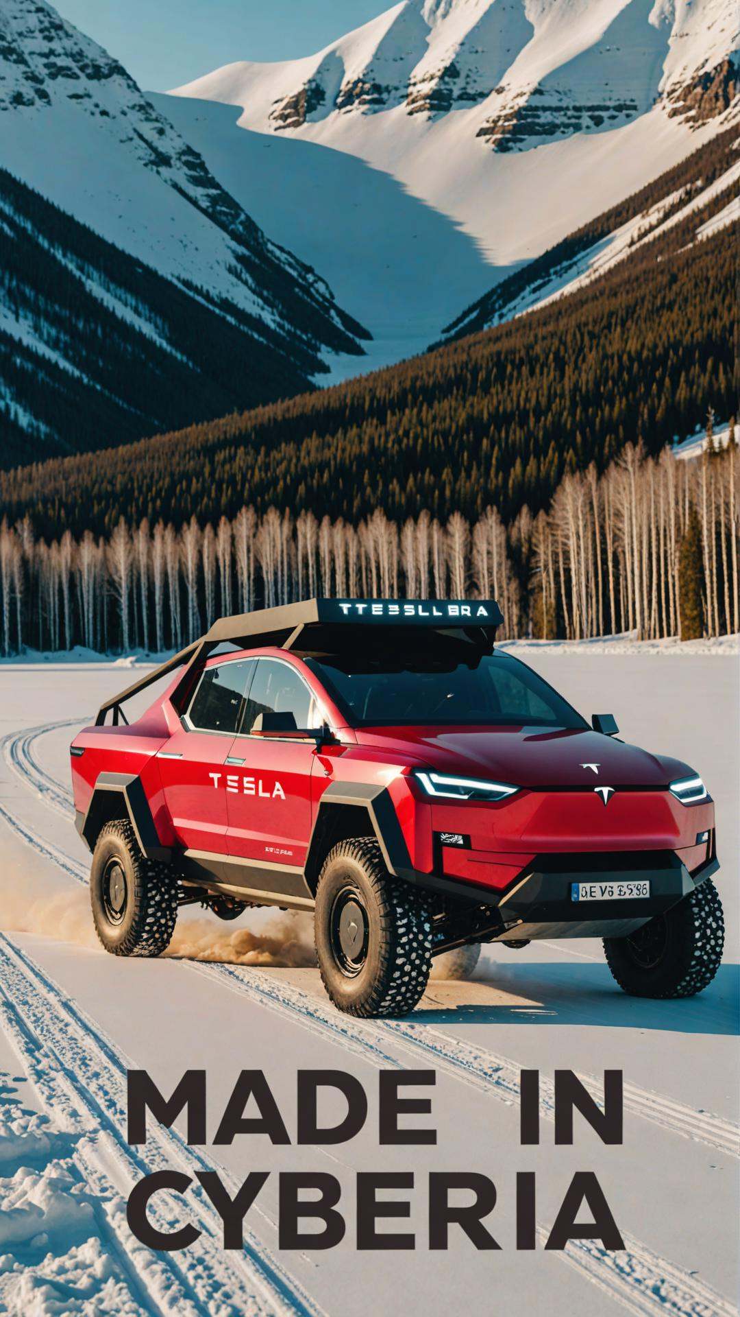 Photo of Tesla Cybertruck in Siberia with text that says "made in Cyberia" on Tensor.Art