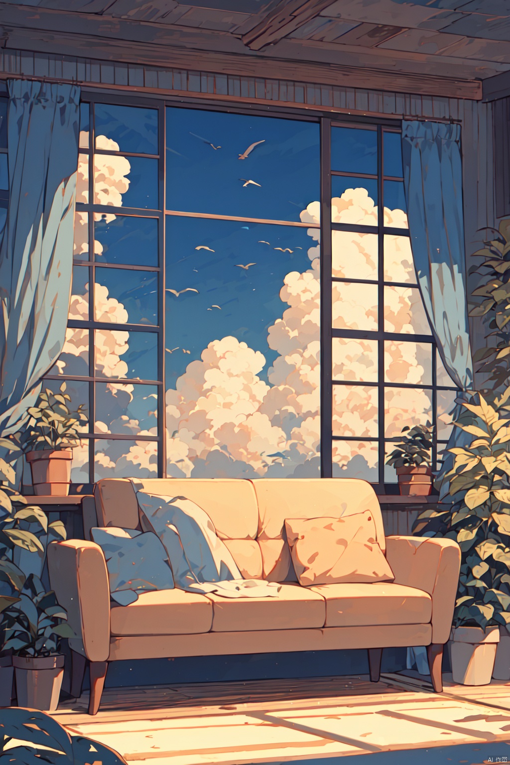 cloud, plant, sky, window, couch, no humans, indoors, day, potted plant, curtains, blue sky, scenery, bug, bird