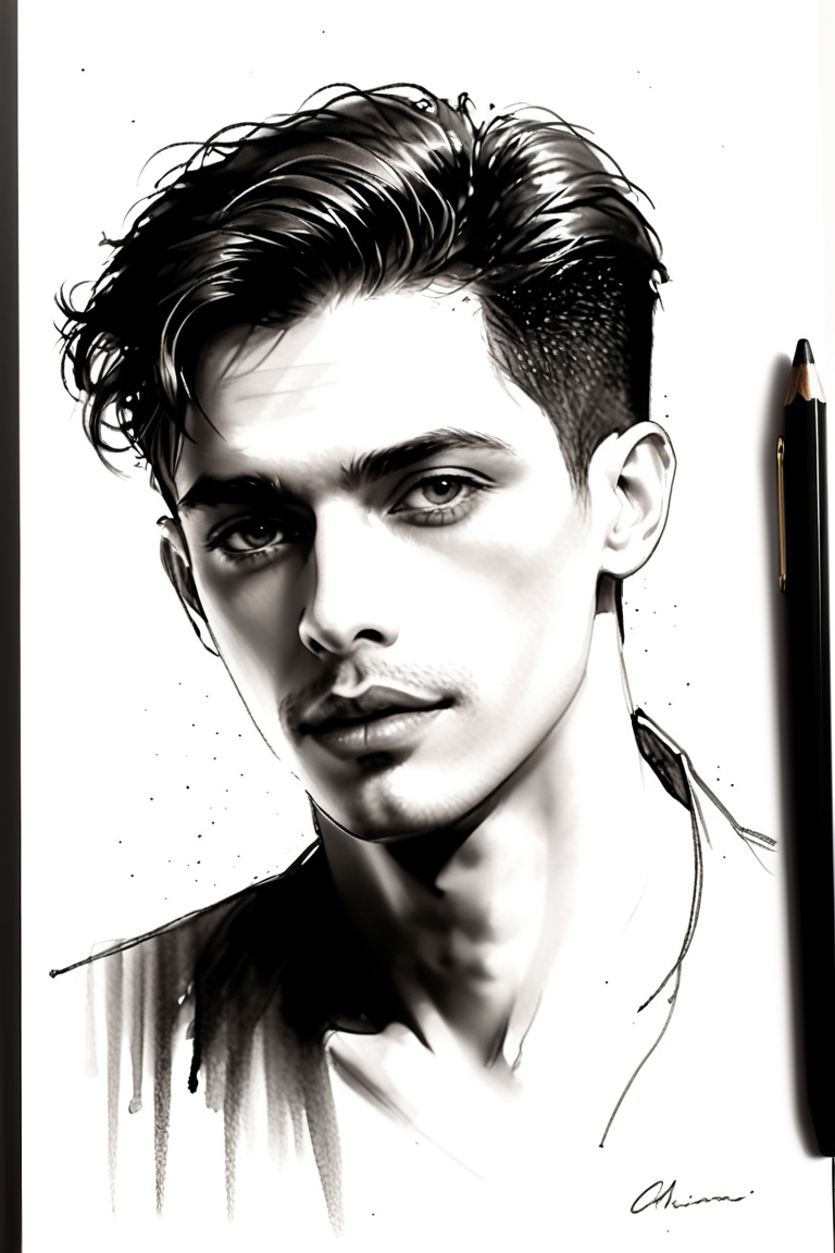 pencil Sketch of a masculineman 30 years old,  dark short hair,  alluring on Tensor.Art