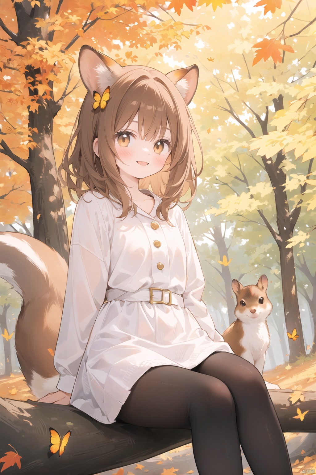 1girl, apricot brown hair, medium hair, brown eyes, smile, sitting on fallen tree, autumn forest, dappled sunlight, deer, squirrel, bird, butterfly style , white pantyhose
