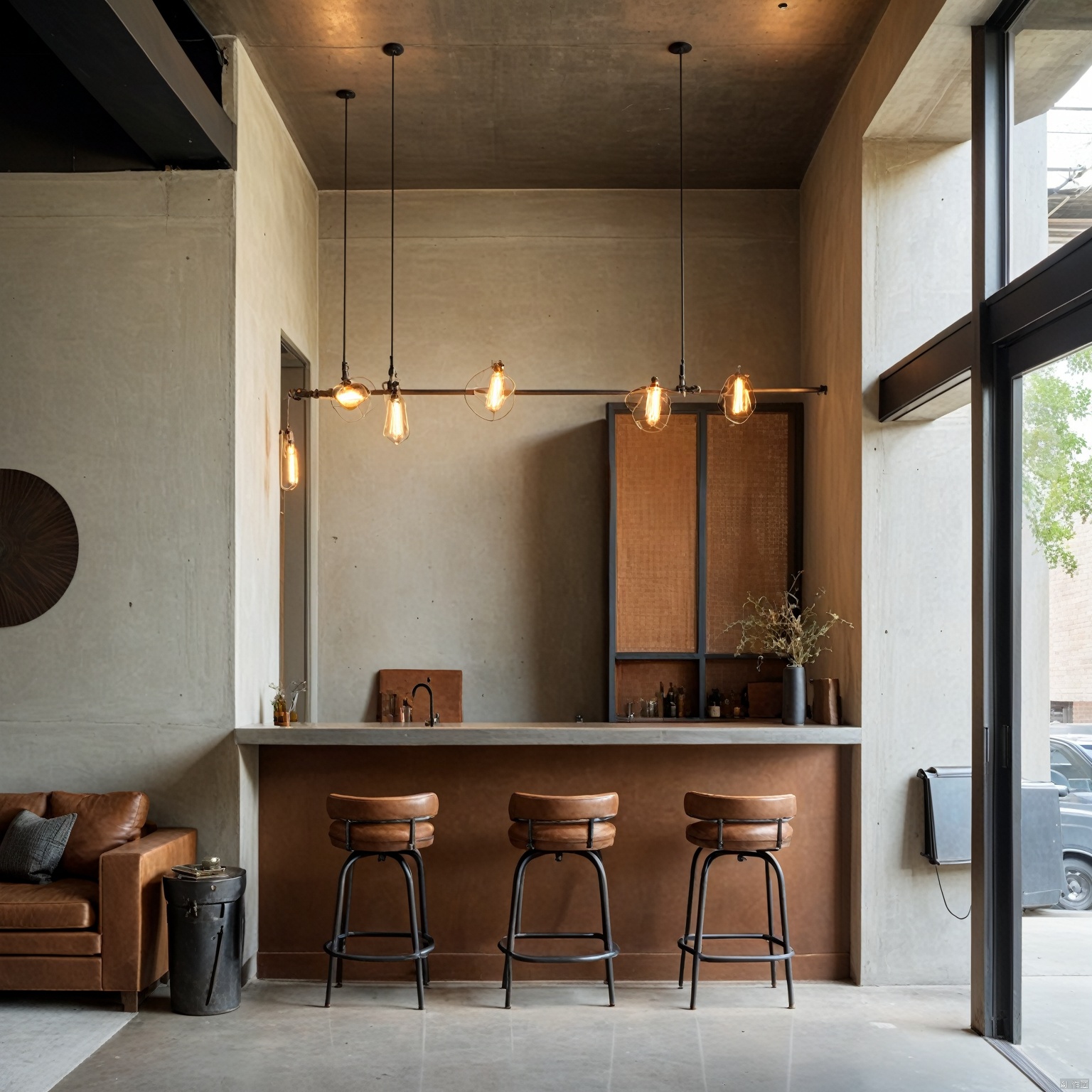 Exposed ductwork, concrete floors, metal beam ceilings, open plan, large factory windows, leather and metal furniture, Edison bulb lighting, minimalist artwork, sleek barstools