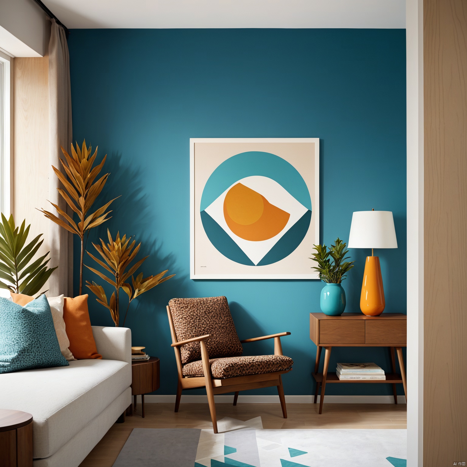  teal wall, modern furniture, Scandinavian interior design, hexagonal art prints, nature illustrations, deer, trees, mountains, sun, gradient, color blocking, minimalistic style, indoor plant, ceramic vase, floor lamp, angled legs, wood grain texture, mid-century modern, bookshelf styling, framed artwork