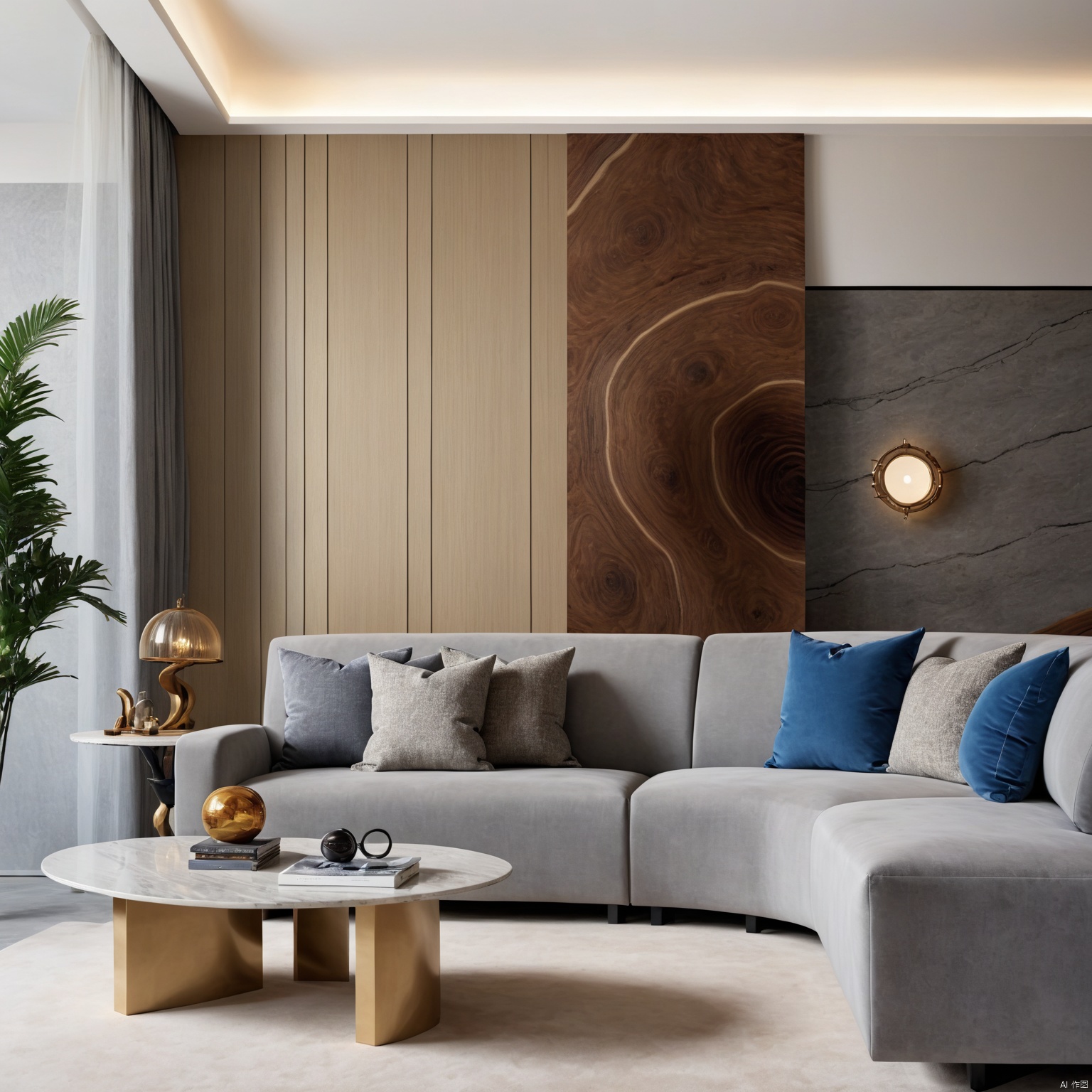  (Best quality, 4K, architectural photography, Masterpiece: 1.2), (Realiy: 1.4), (Installation art:1.2), bold lighting, Complex log curved modeling background, depth of fields,Gray sofa,Detailed details,High-definition realism