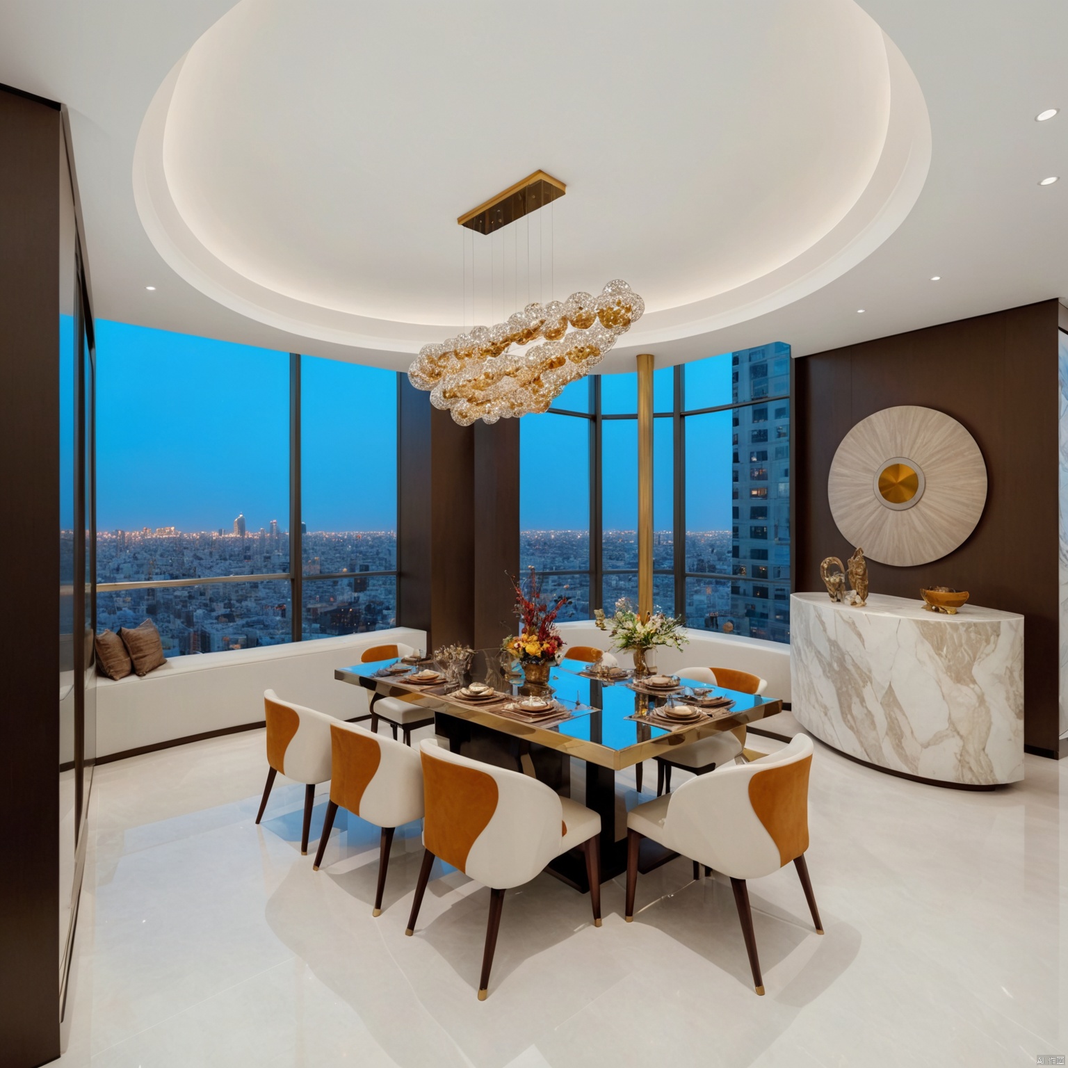  Dream homes,Panoramic city views, opulent furnishings, mirrored ceilings, high-end textiles, sleek surfaces, ambient mood lighting, lavish art collection, private elevator, expansive terrace