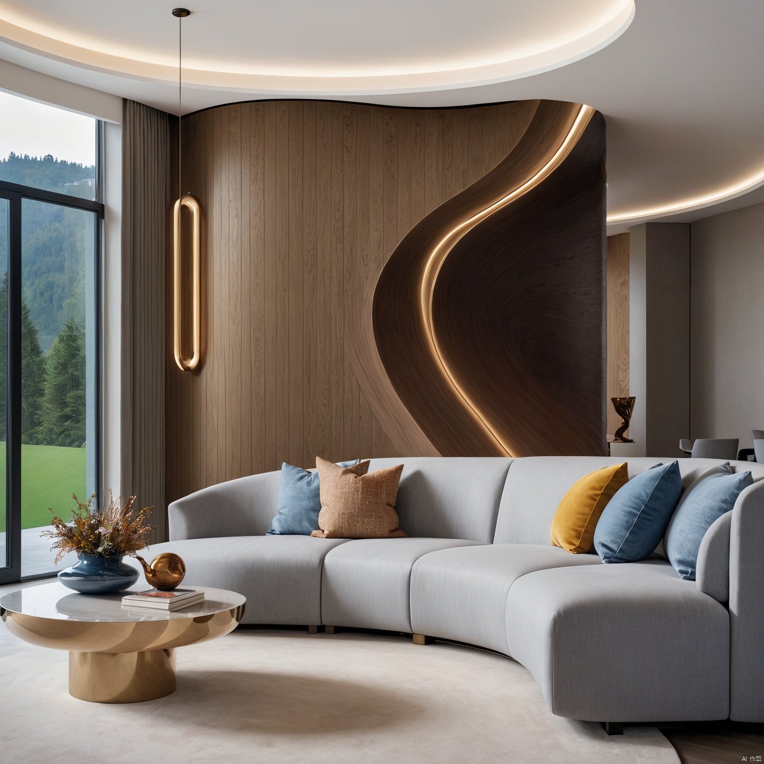  Dream homes,(Best quality, 4K, architectural photography, Masterpiece: 1.2), (Realiy: 1.4), (Installation art:1.2), bold lighting, Complex log curved modeling background, depth of fields,Gray sofa,Detailed details,High-definition realism,Installation Art, Installation art