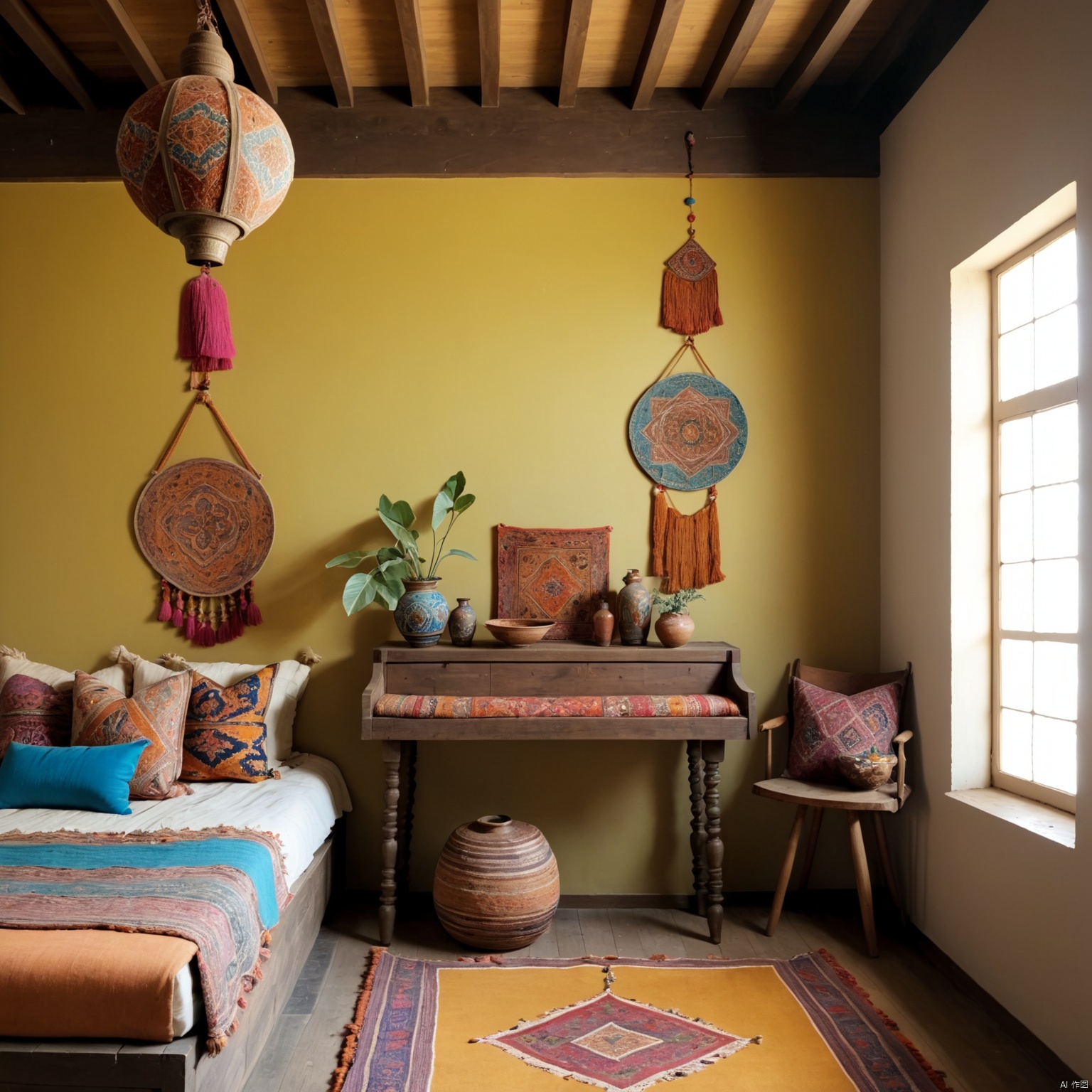  Colorful tapestries, distressed wood flooring, eclectic mix of vintage furniture, Moroccan-inspired lanterns, rich textures and patterns, hanging macramé plant holders, loft bed, Persian rugs, mismatched ceramic tiles, global artifacts.