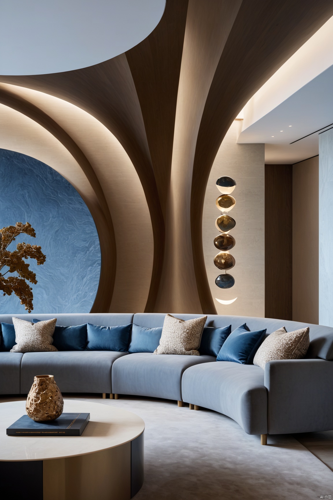  Dream homes,(Best quality, 4K, architectural photography, Masterpiece: 1.2), (Realiy: 1.4), (Installation art:1.2), bold lighting, Complex log curved modeling background, depth of fields,Gray sofa,Detailed details,High-definition realism,Installation Art, Installation art, Dream Homes