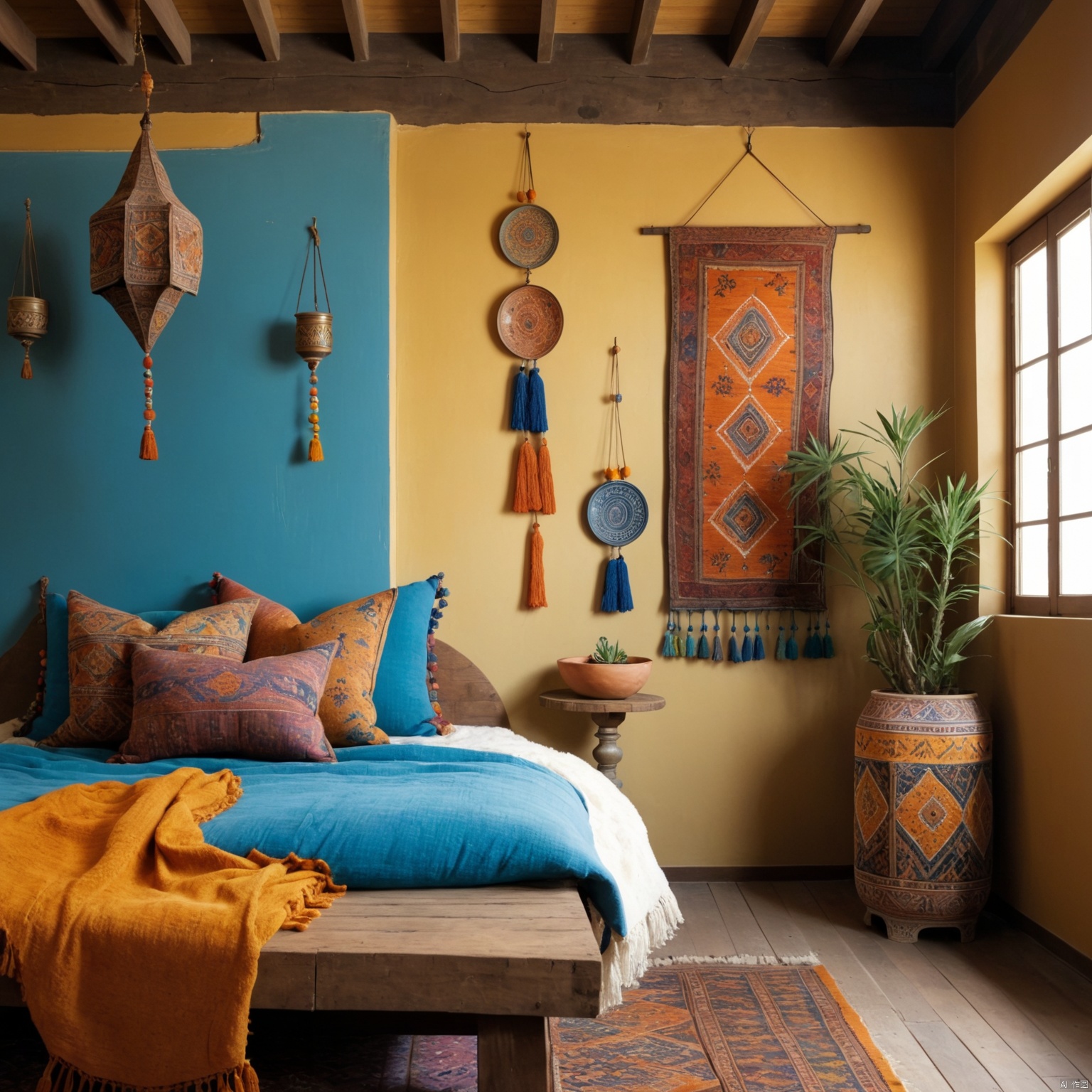  Colorful tapestries, distressed wood flooring, eclectic mix of vintage furniture, Moroccan-inspired lanterns, rich textures and patterns, hanging macramé plant holders, loft bed, Persian rugs, mismatched ceramic tiles, global artifacts.
