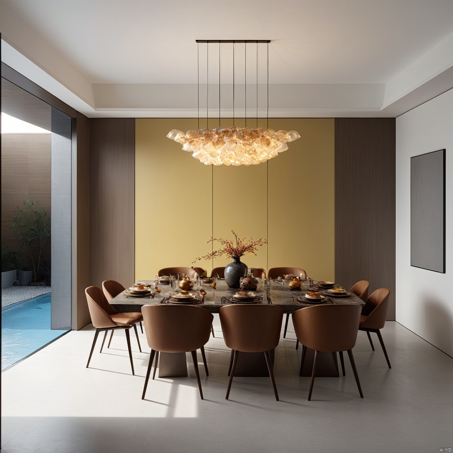 There is a large dining table with chairs and vases on top, key lighting, peugot onyx, vray, beautiful, rendered in Lumion Pro, Corona renderer, vray lighting, ultra realistic rendering, avant-garde lighting, dark concrete room, 8k, Unreal Engine 5, 4k rendering, volume lighting - h 7 6 8, dark exhibition hall, 3dsmax+vray, surrealist lighting studio, edge lighting, 16k, octane rendering, Pinterest, Warm lighting inside, modern lighting,high detail,extremely detailed, best quality, masterpiece, high resolution, Photorealism, Hyperrealistic, Realistic, 8Kcorona render, octane render, 3ds maxzen, dream homes