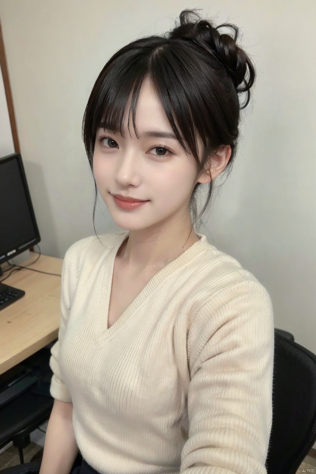  1girl,8k,,half updo,smile,upper_body,
office,